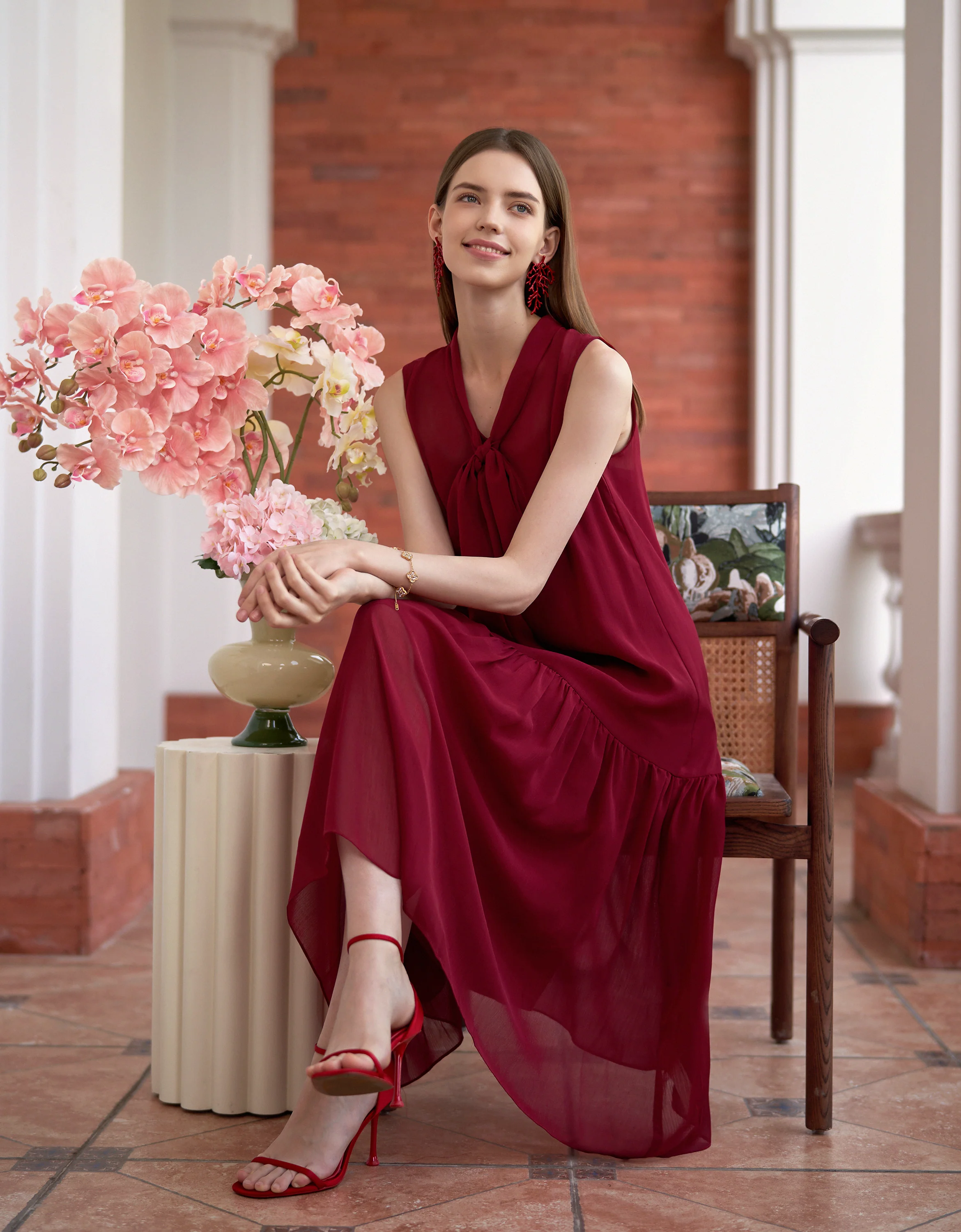 Scarf Collar V-neck Chiffon Dress - Image 14