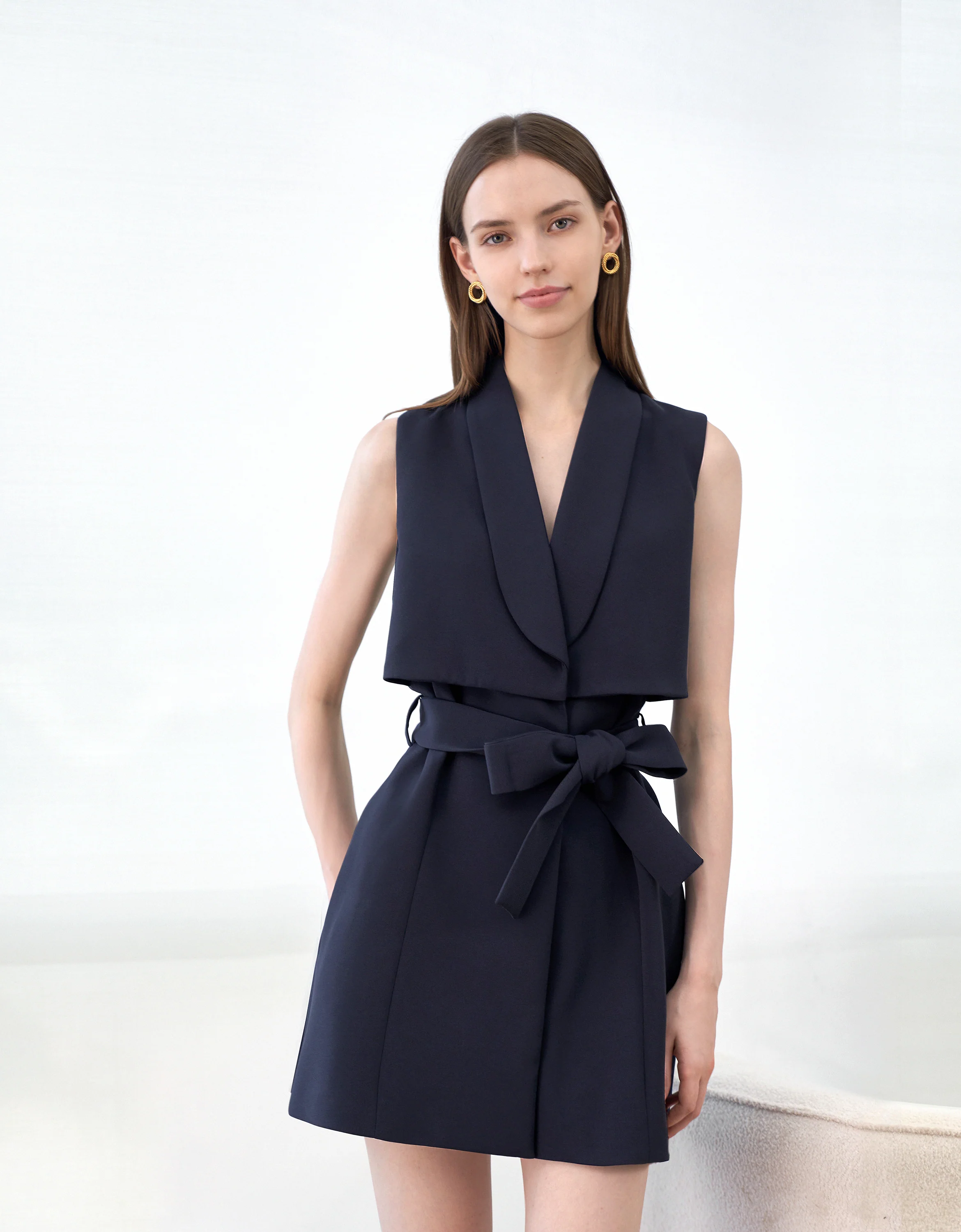 Shawl Collar Belted Waist Dress - Image 2