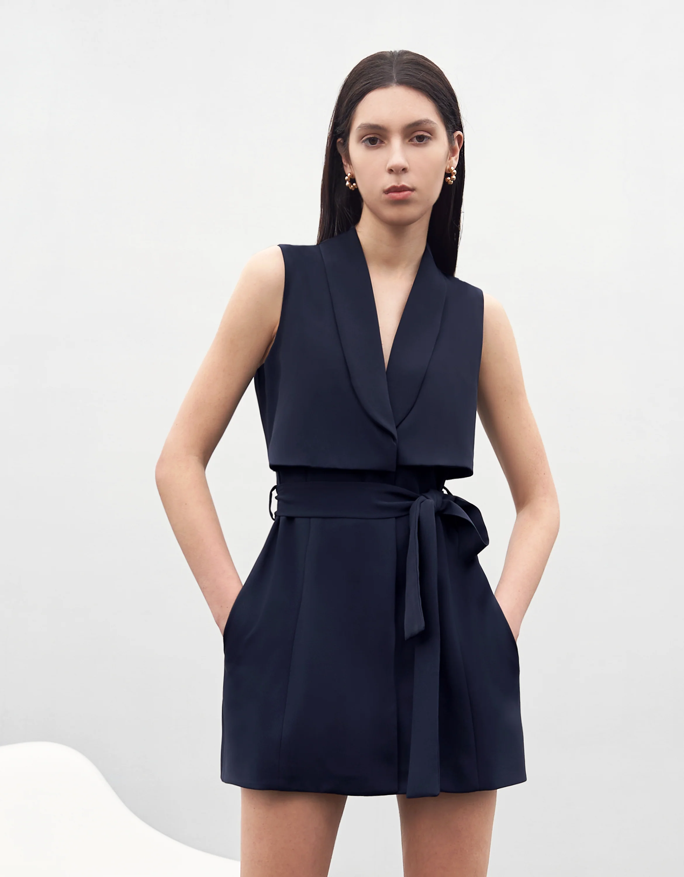 Shawl Collar Belted Waist Dress - Image 3