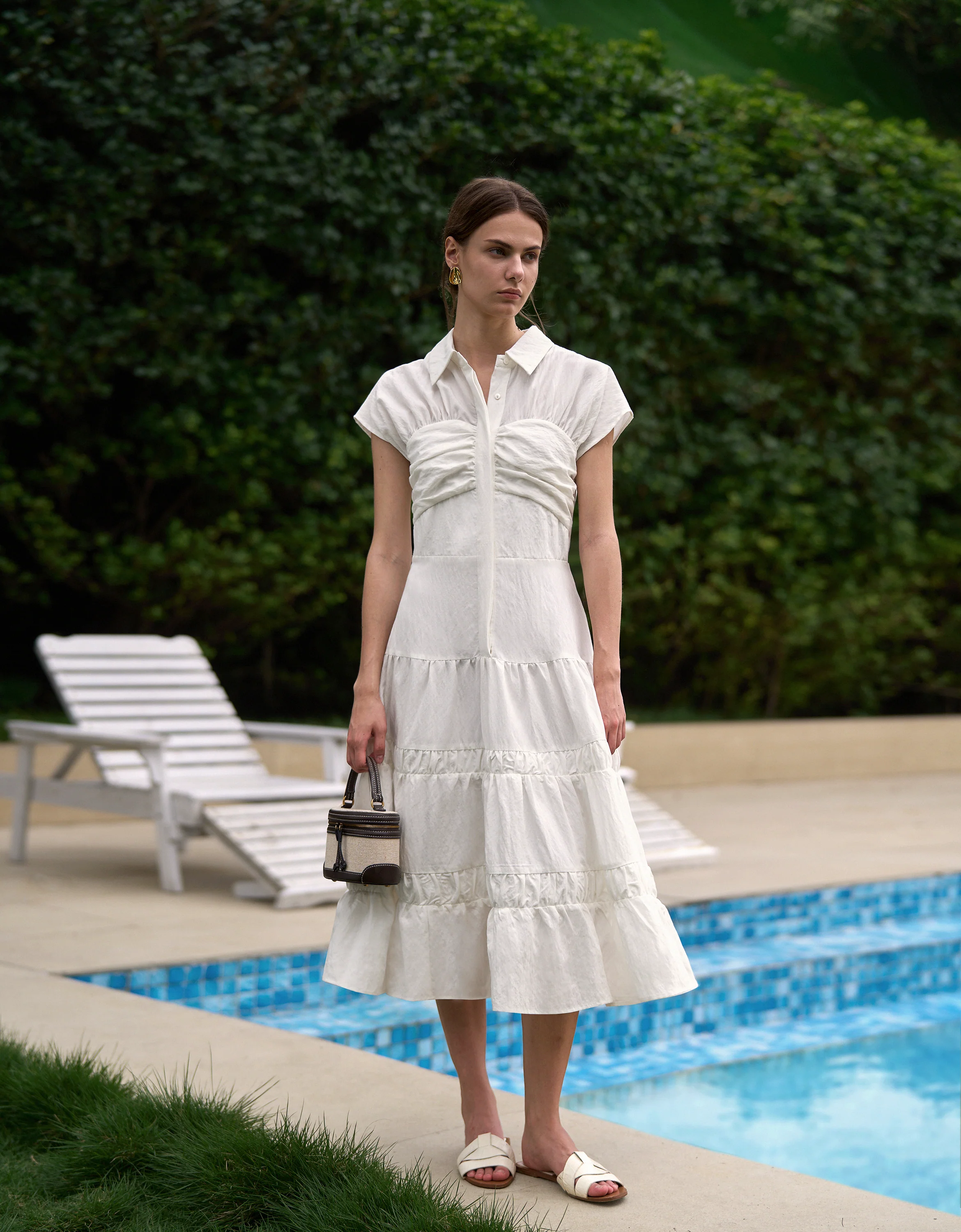 Shirt Collar Pleated Detail Tiered Dress