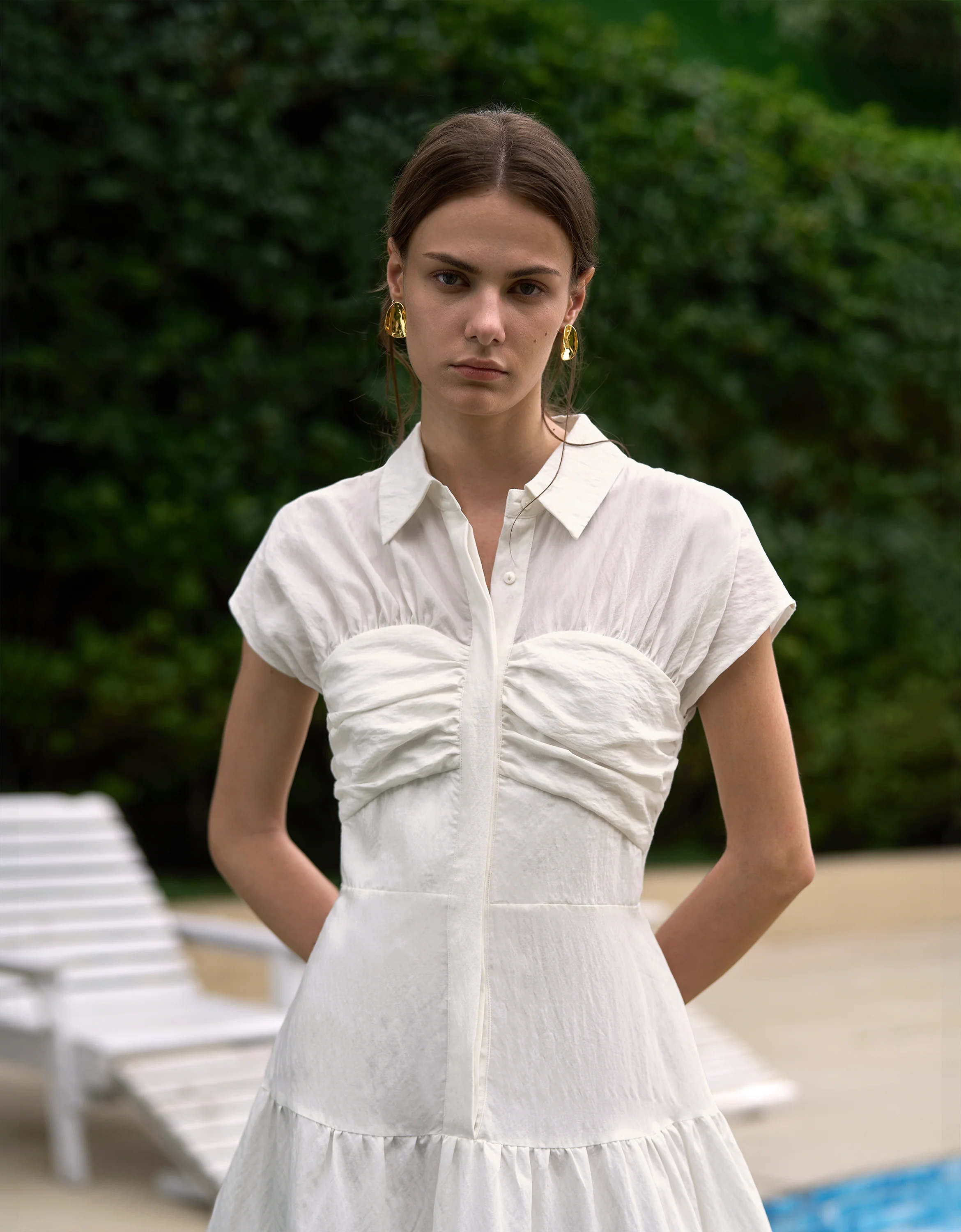 Shirt Collar Pleated Detail Tiered Dress - Image 2