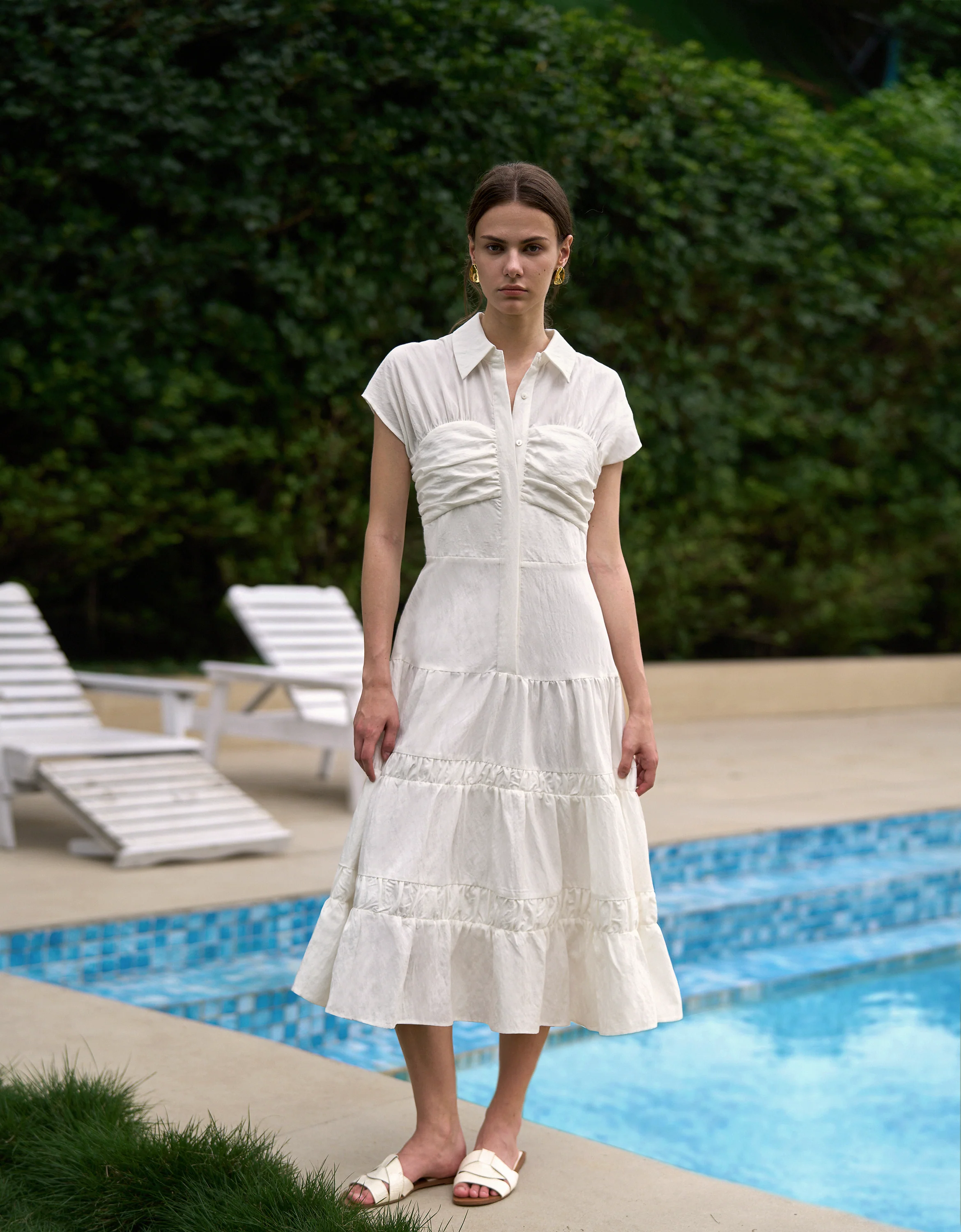 Shirt Collar Pleated Detail Tiered Dress - Image 3