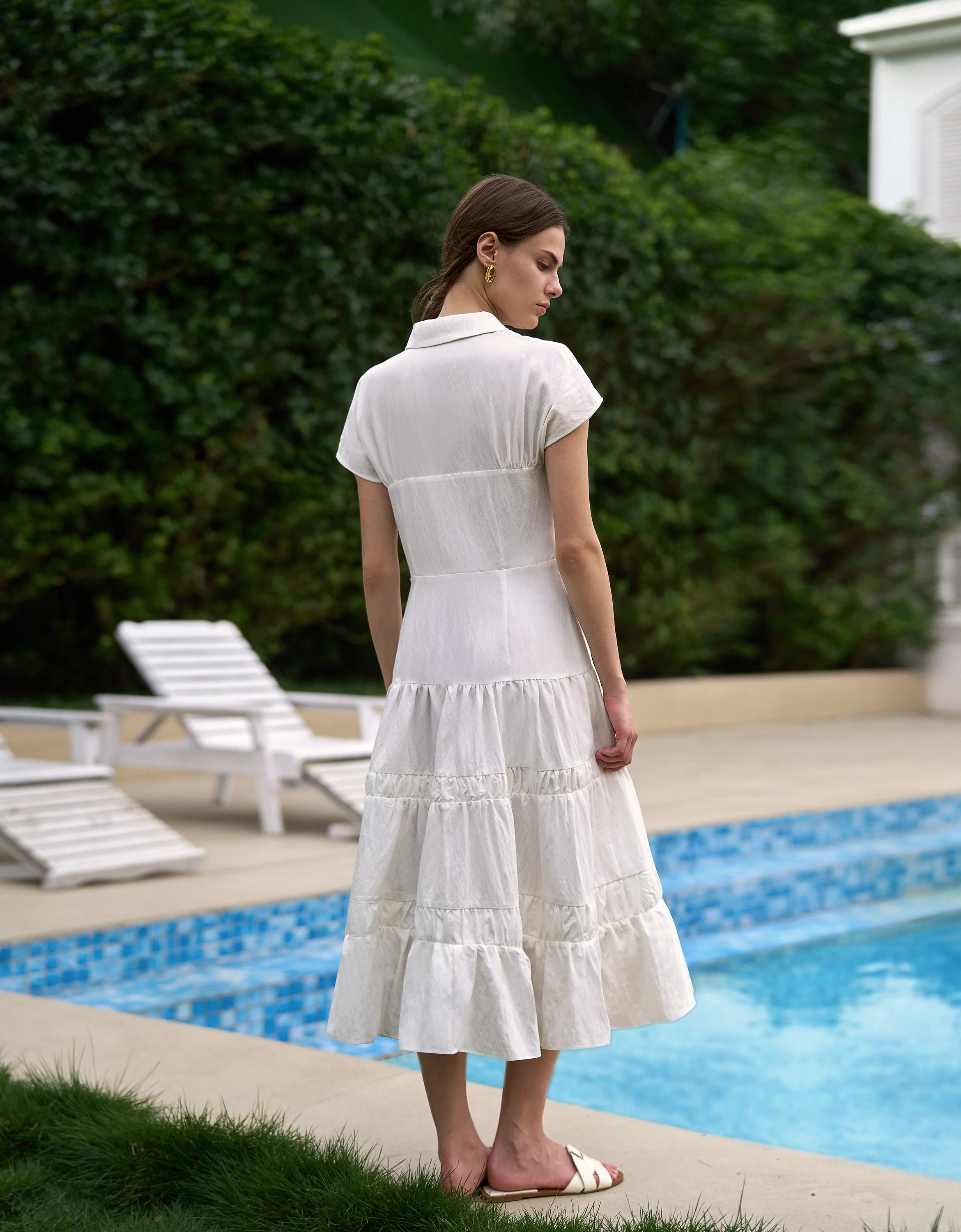 Shirt Collar Pleated Detail Tiered Dress - Image 4