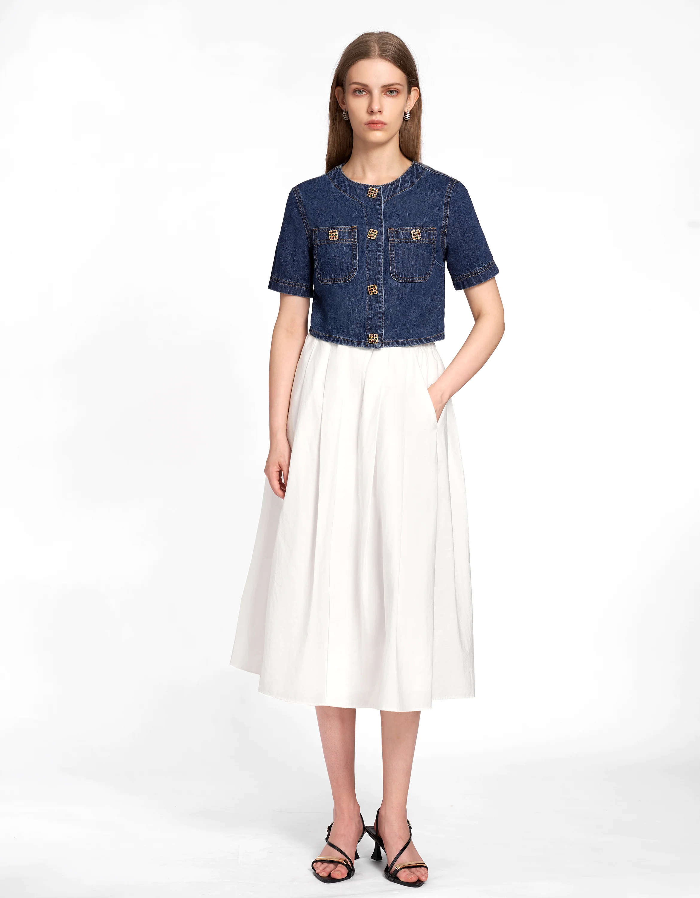 Short Sleeve Button-embellished Denim Jacket - Image 4