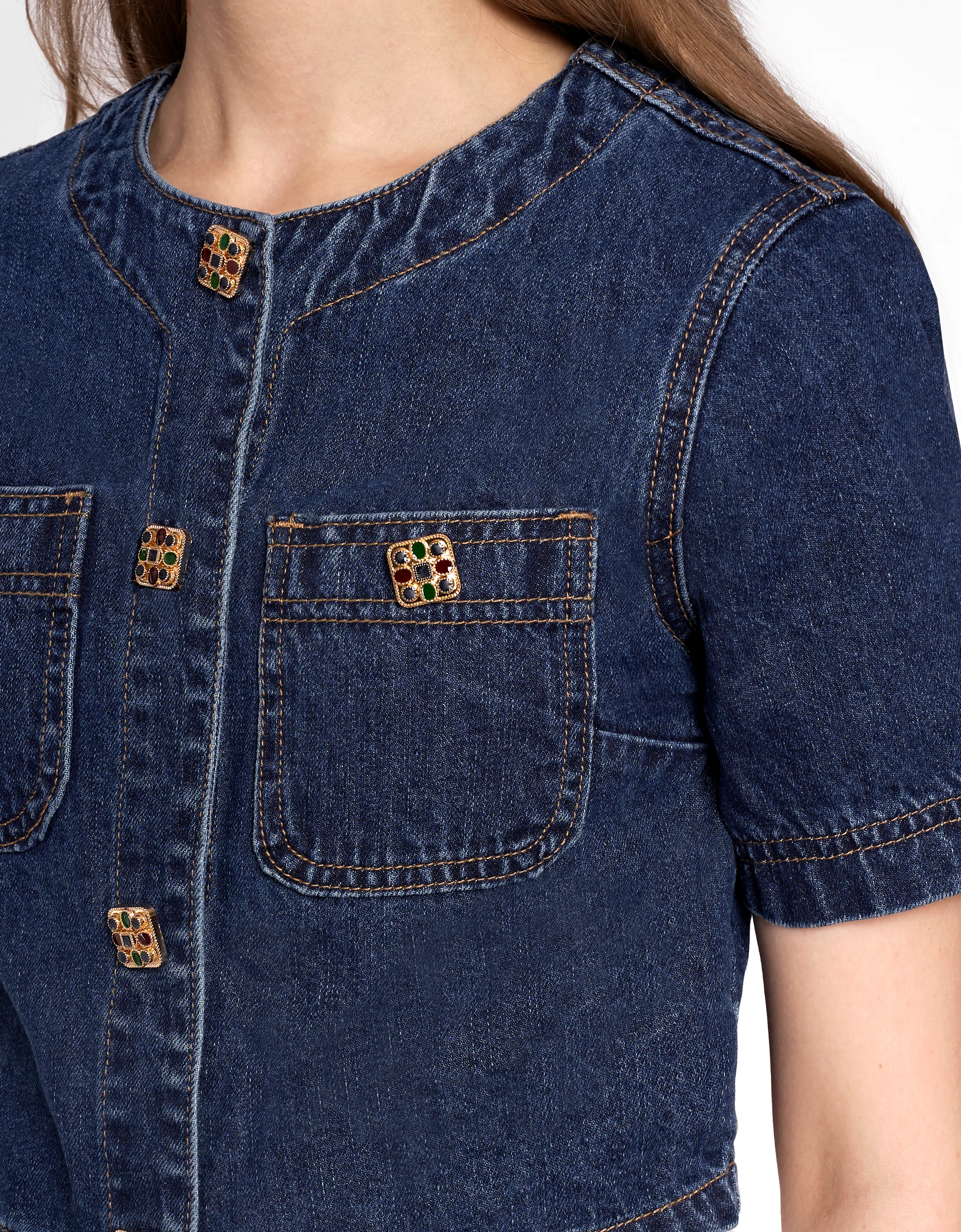 Short Sleeve Button-embellished Denim Jacket - Image 5