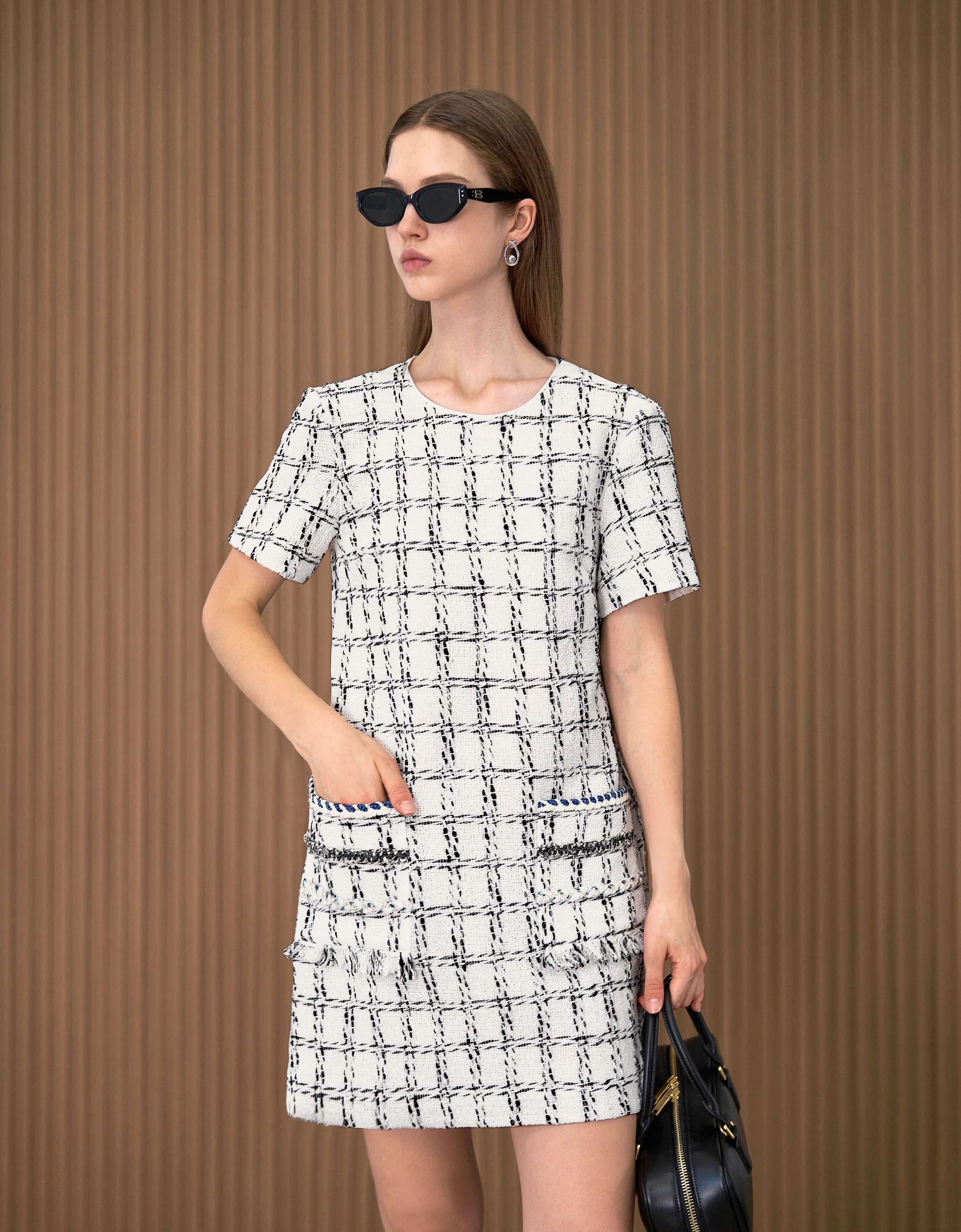 Short Sleeve Plaid Tweed Dress - Image 2