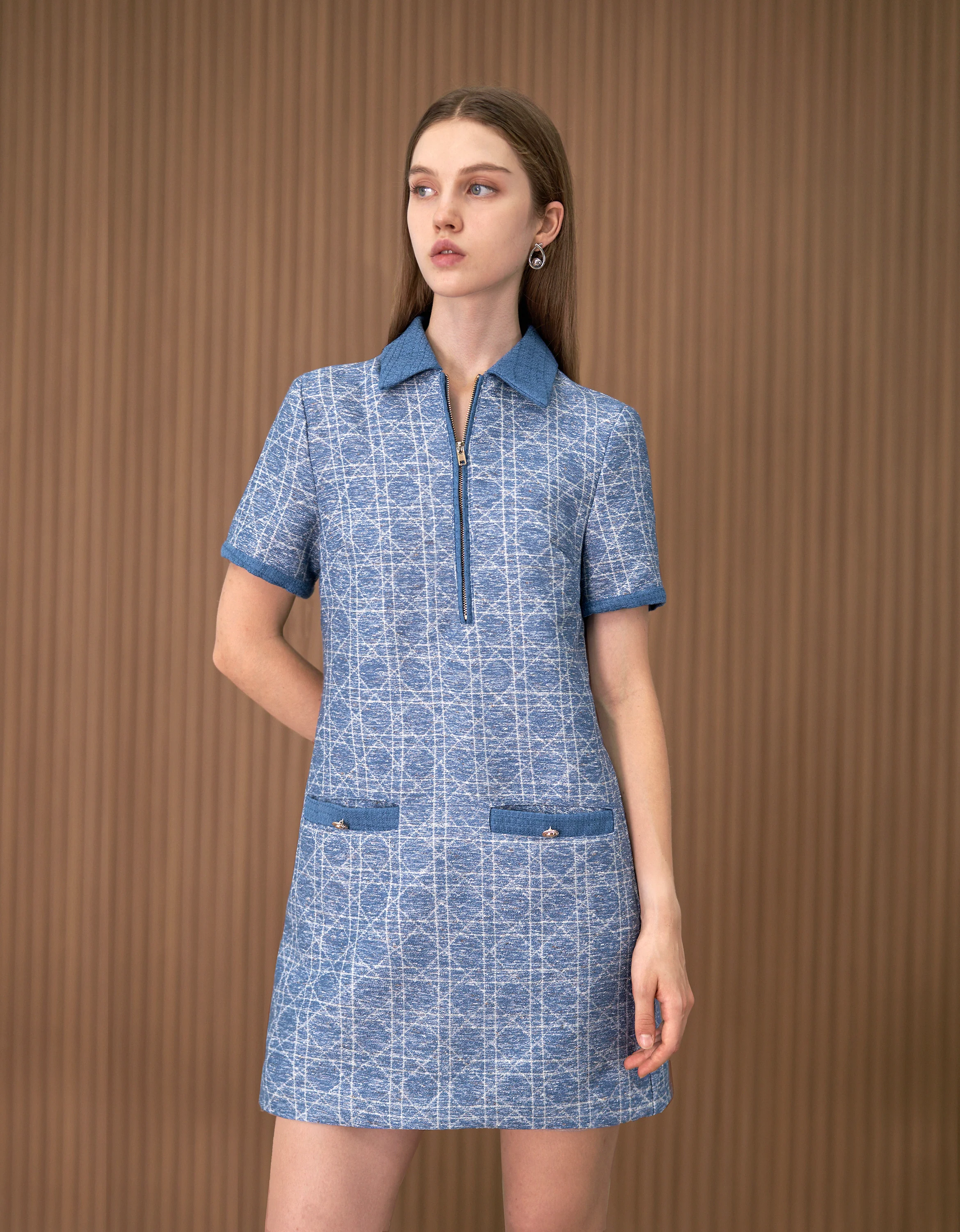 Short Sleeve Textured Checkered Dress - Image 3