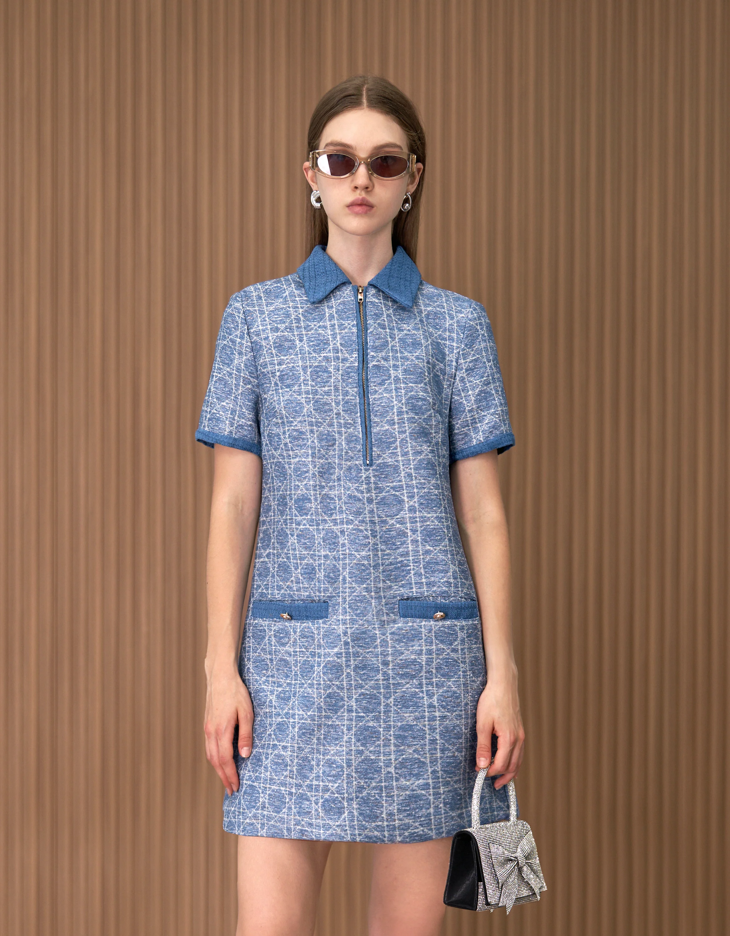Short Sleeve Textured Checkered Dress - Image 4