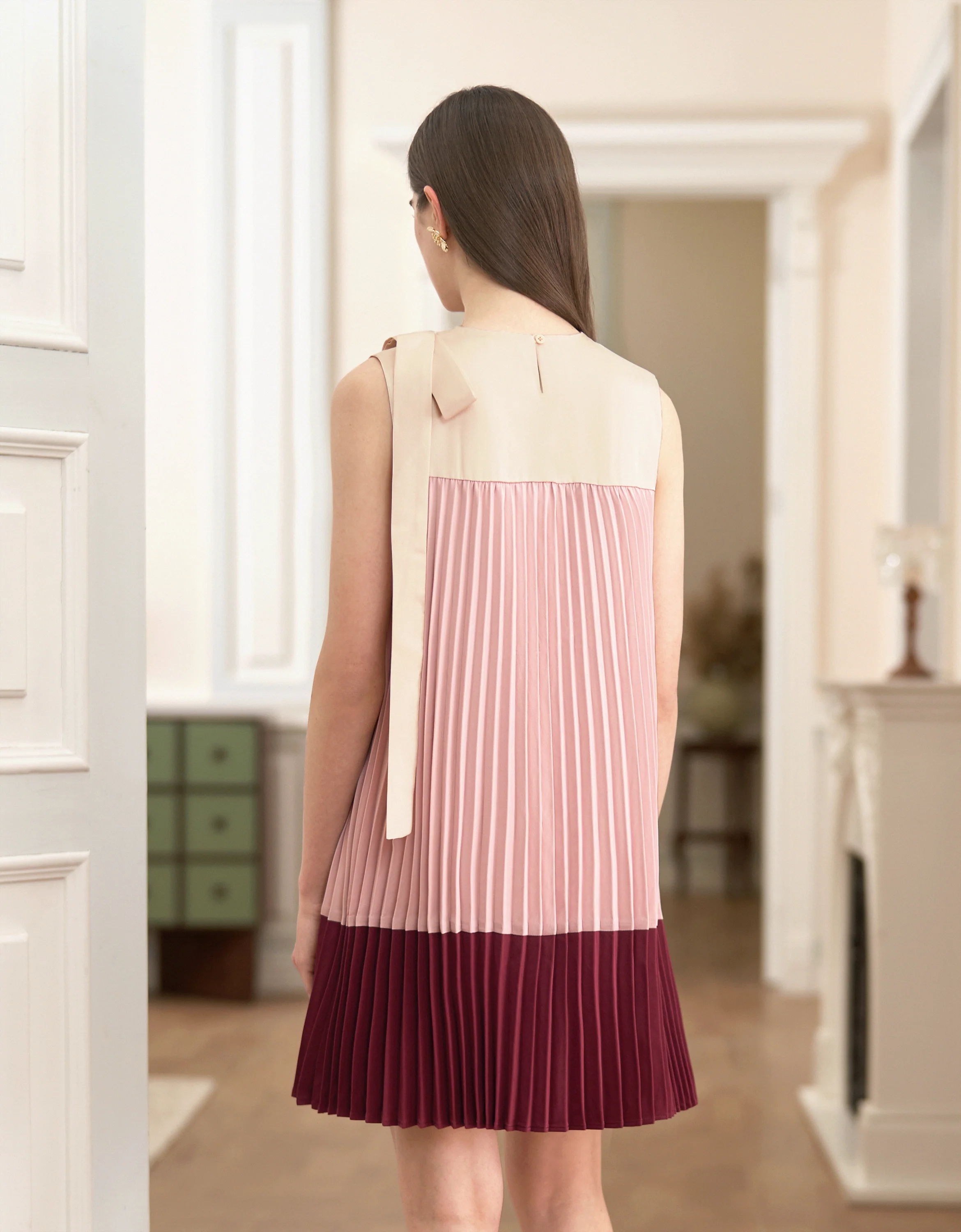 Shoulder Bow Colorblock Pleated Dress - Image 5