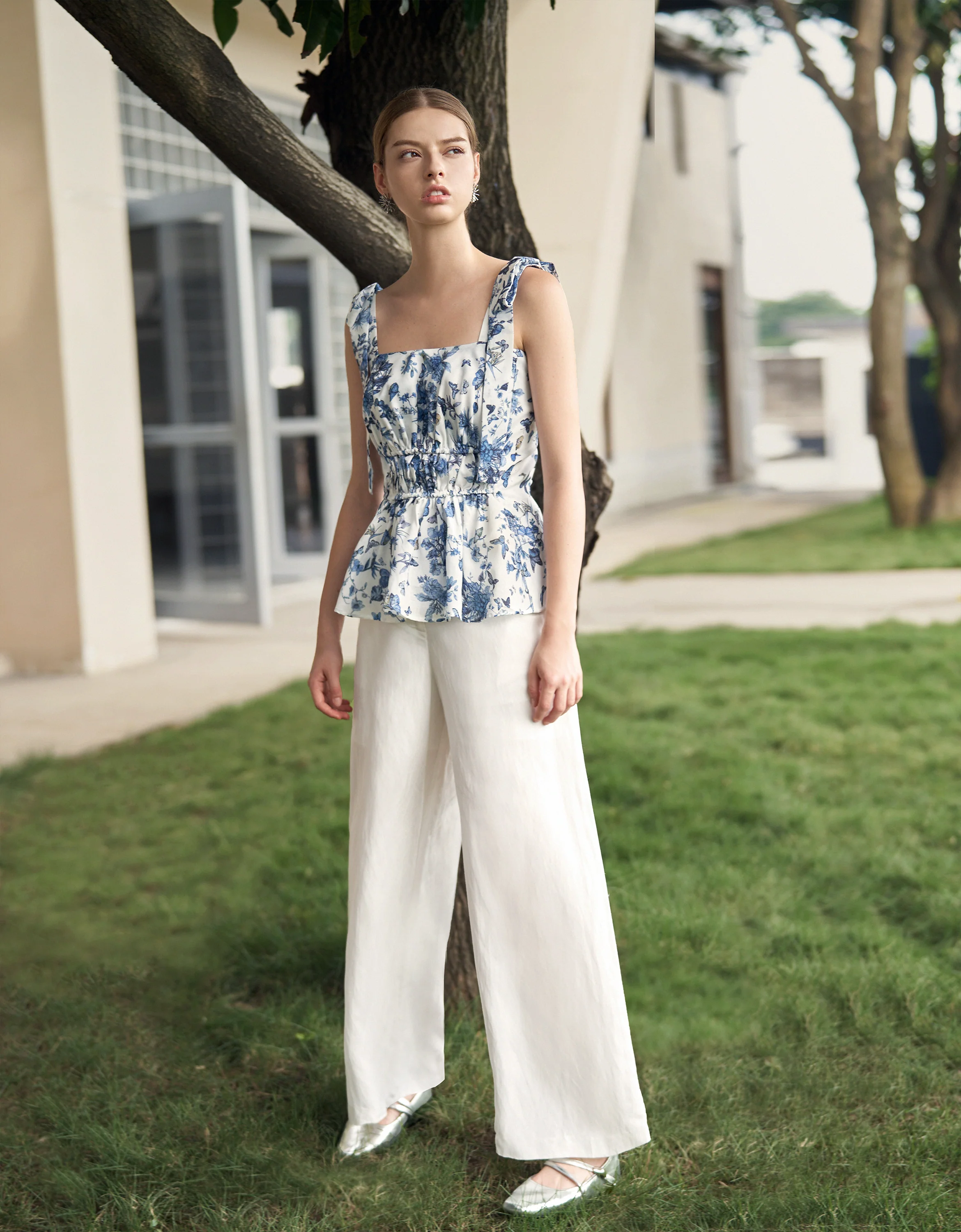 Shoulder Bow Ruched Waist Printed Top - Image 8