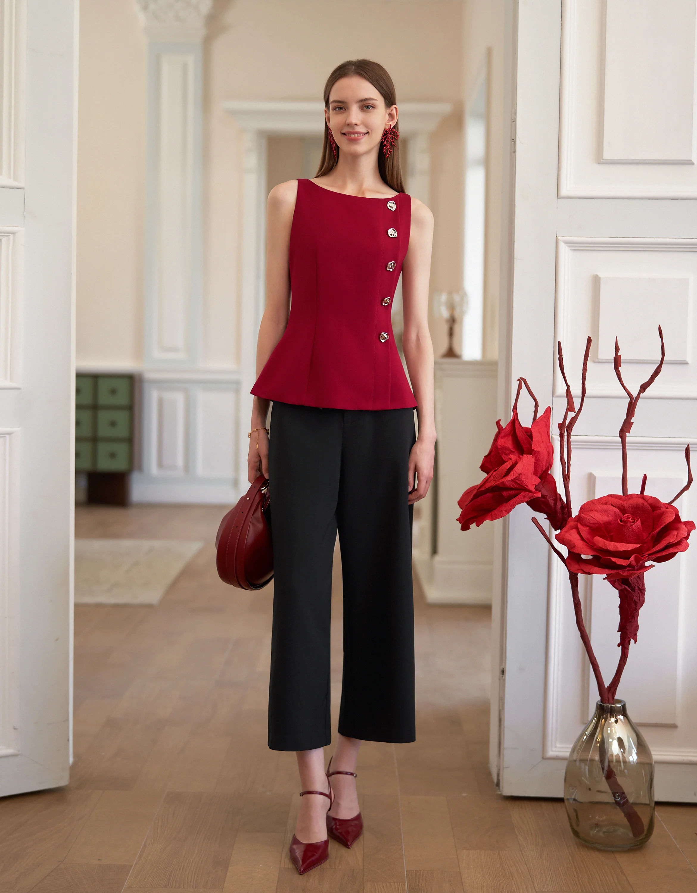 Side Buttons Boat Neck Sleeveless Top - Image 3