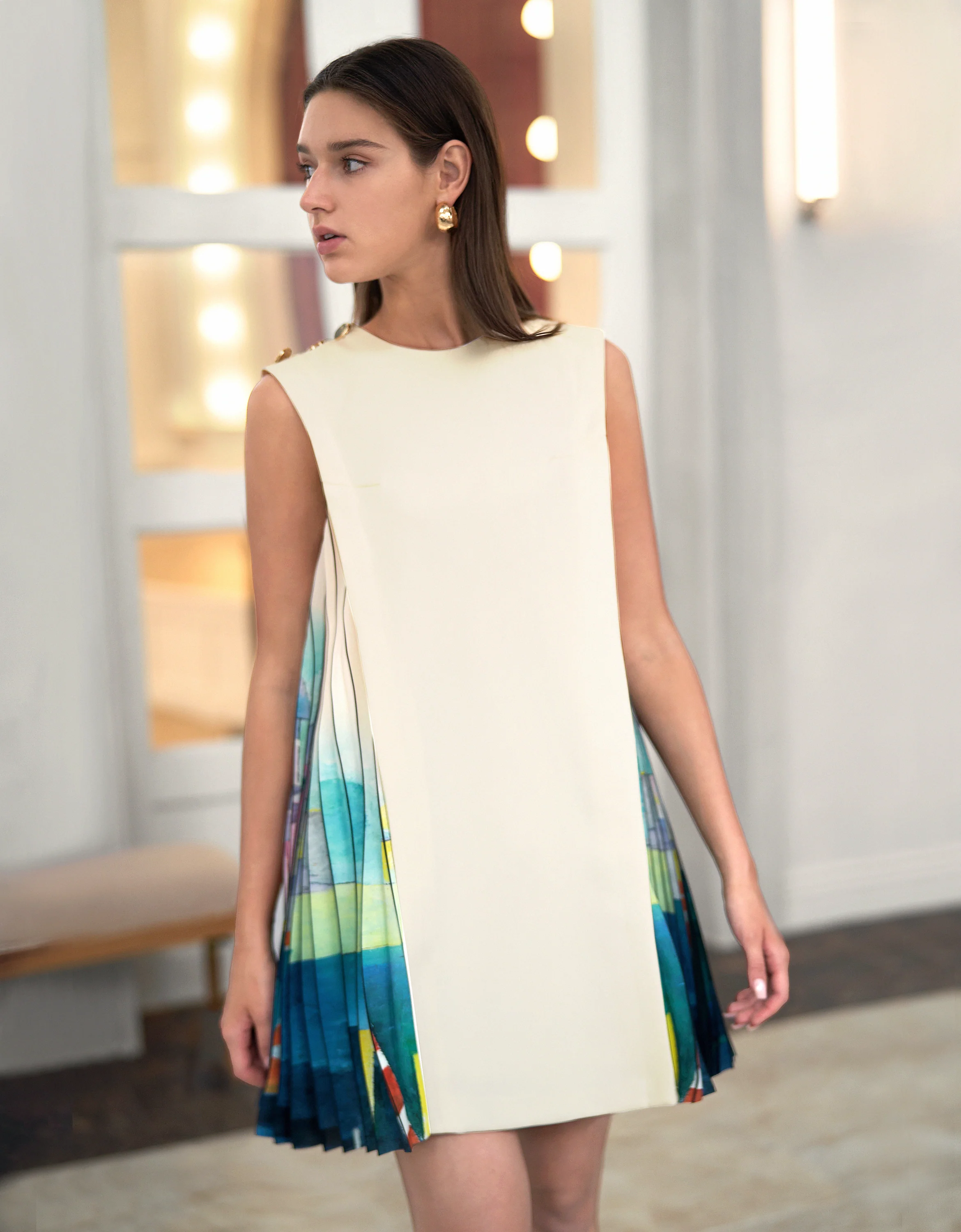 Side Printed Pleated Shift Dress - Image 35
