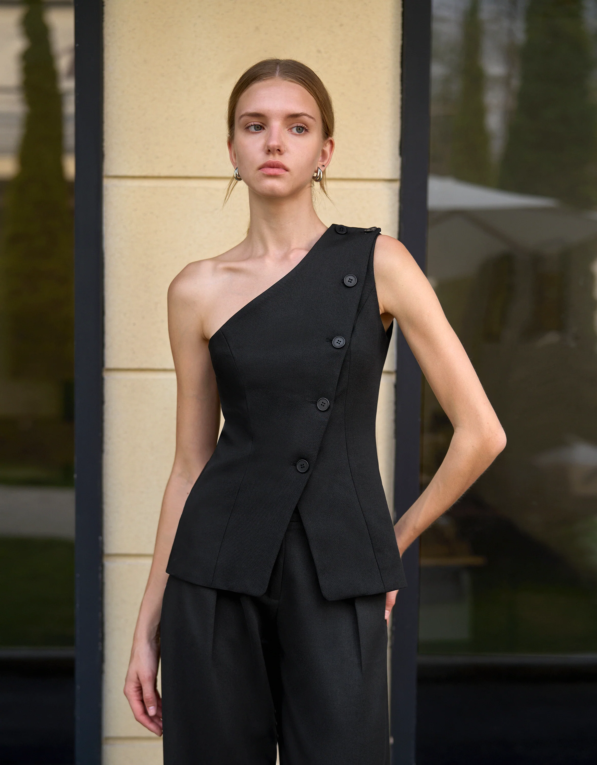 Single-breasted Asymmetric Off Shoulder Top - Image 3