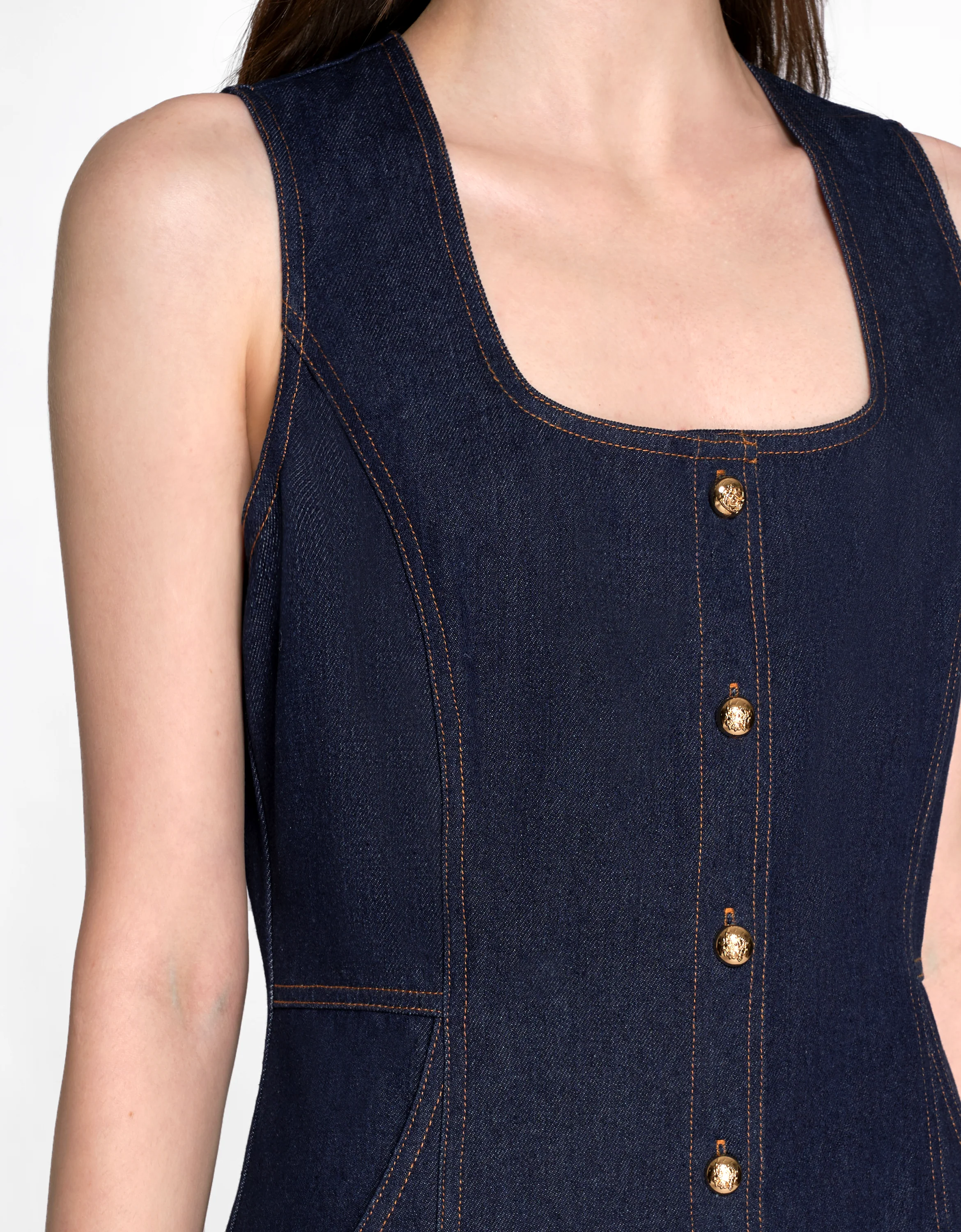 Square Neck Button Front Midi Denim Dress - Image 4