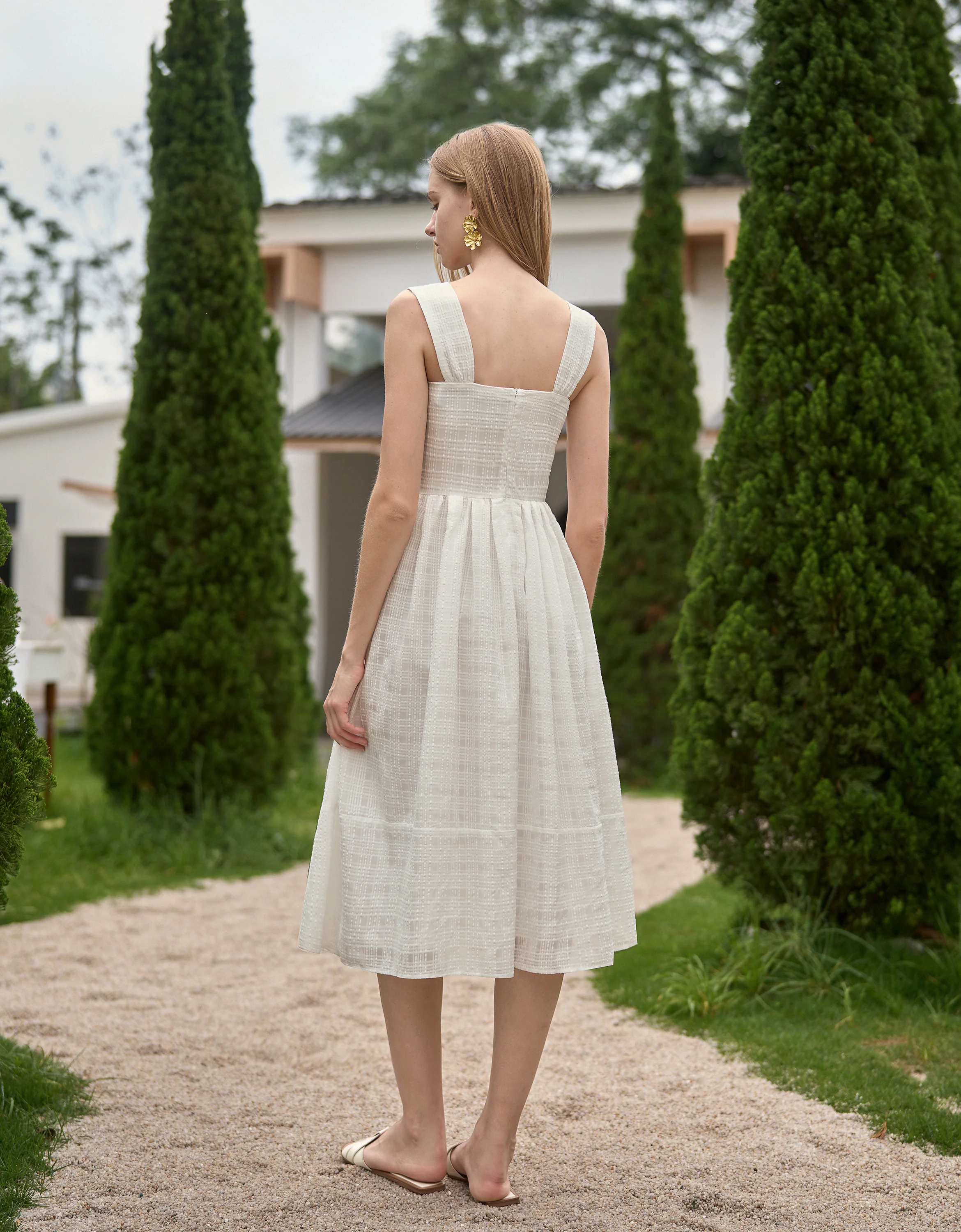 Square Neck Plaid Textured Midi Dress - Image 3
