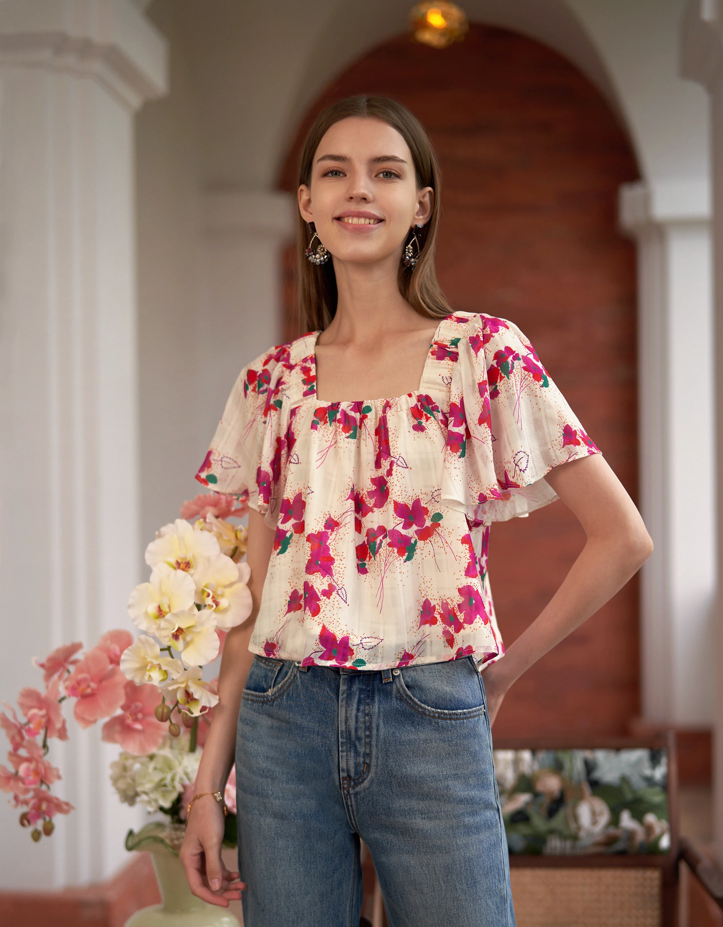 Square Neck Ruffled Sleeves Floral Cropped Top