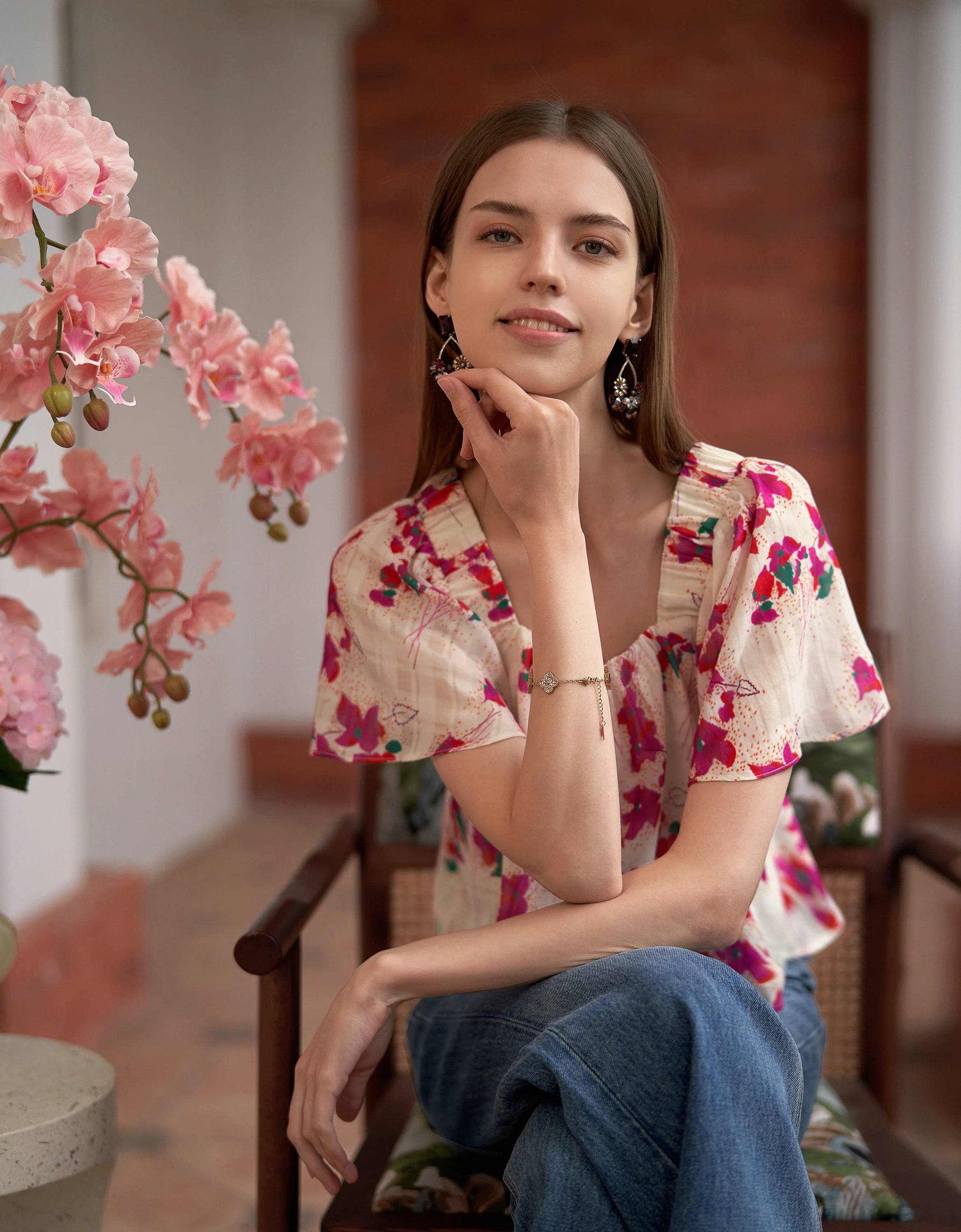Square Neck Ruffled Sleeves Floral Cropped Top - Image 4