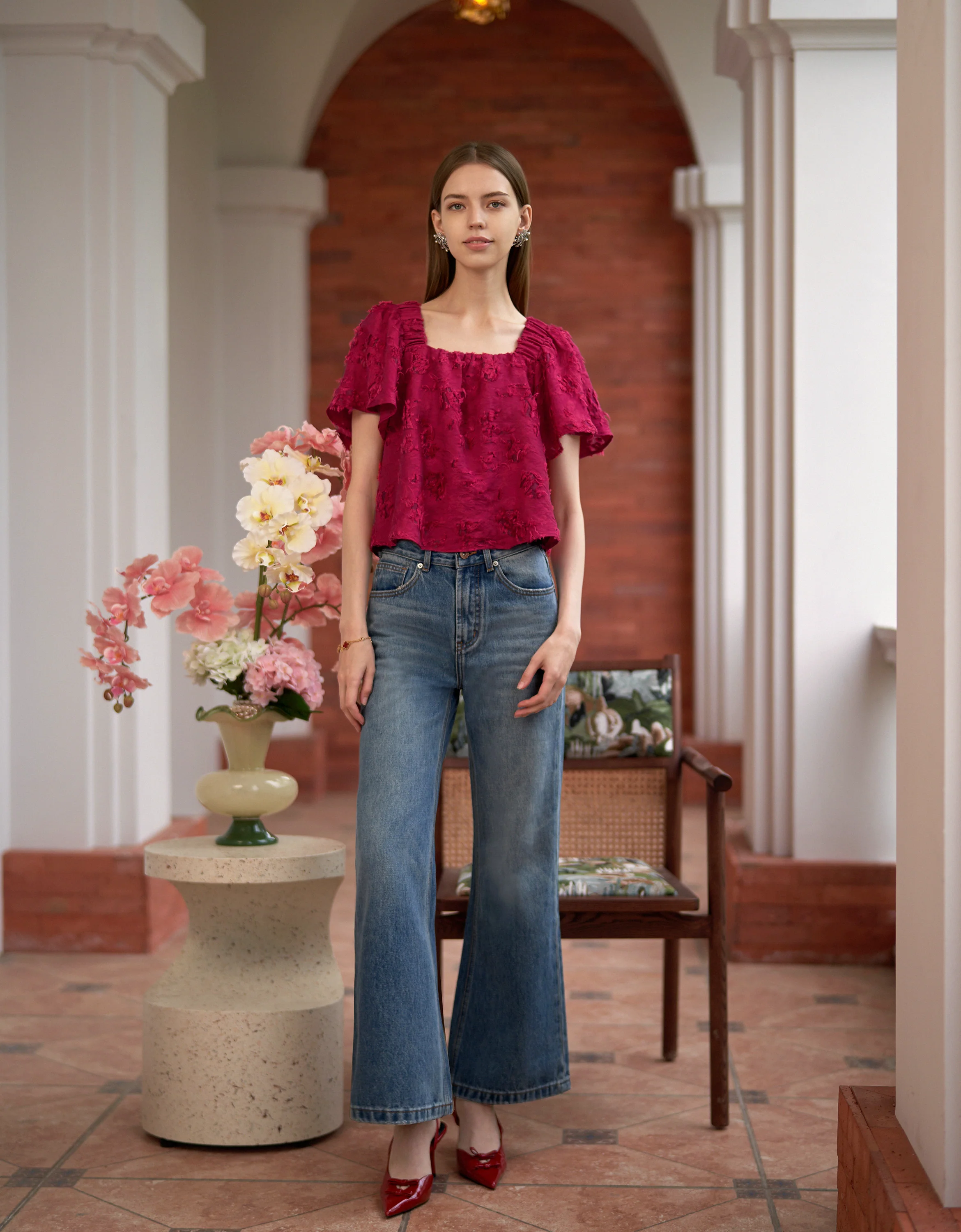 Square Neck Ruffled Sleeves Textured Top - Image 3