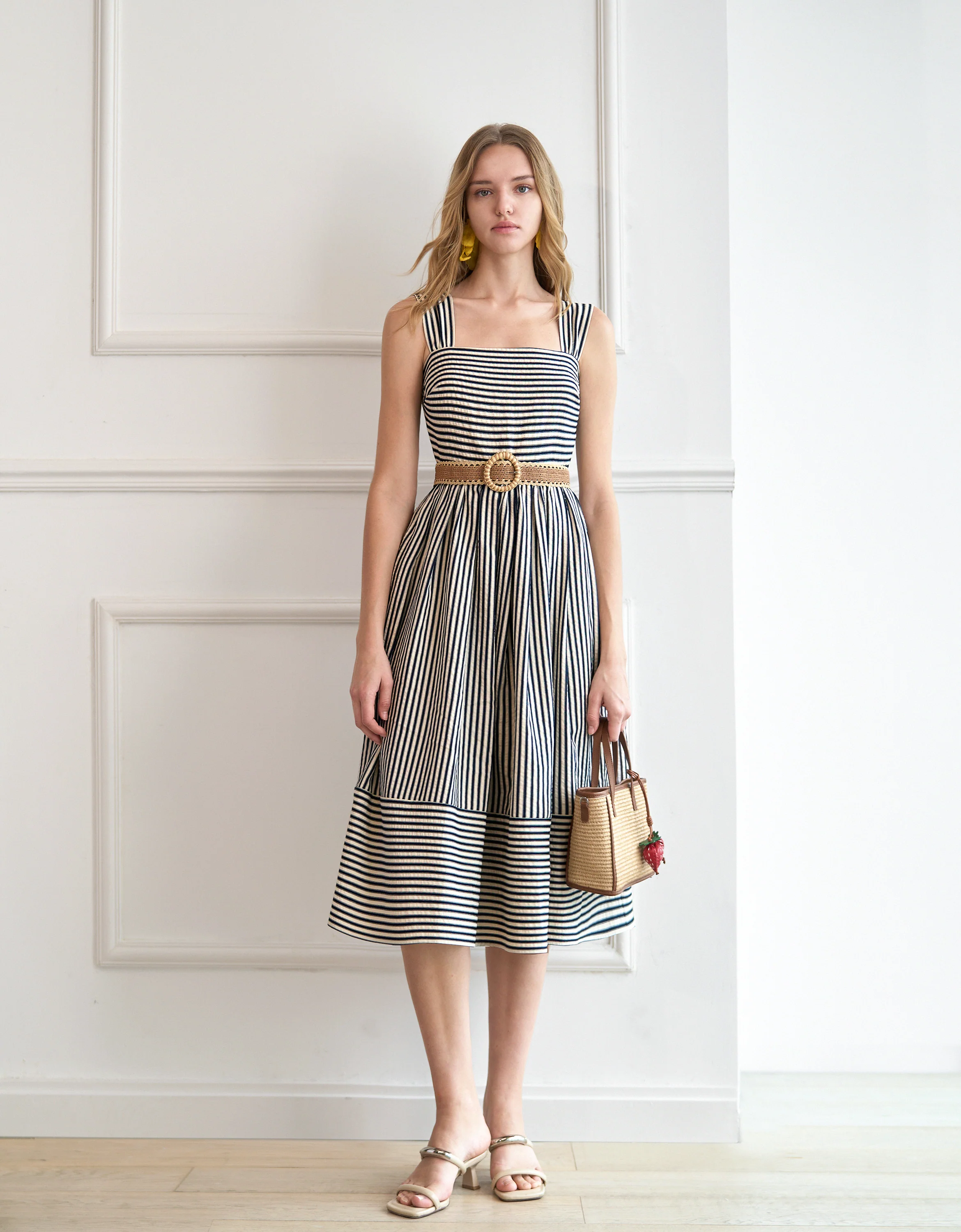 Square Neck Striped Textured Midi Dress - Image 10
