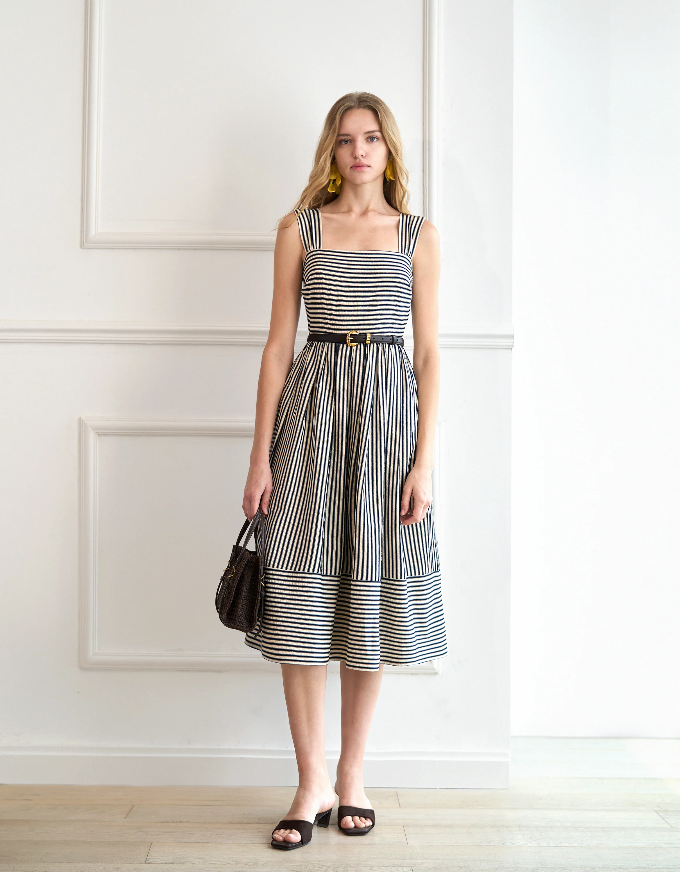 Square Neck Striped Textured Midi Dress - Image 11