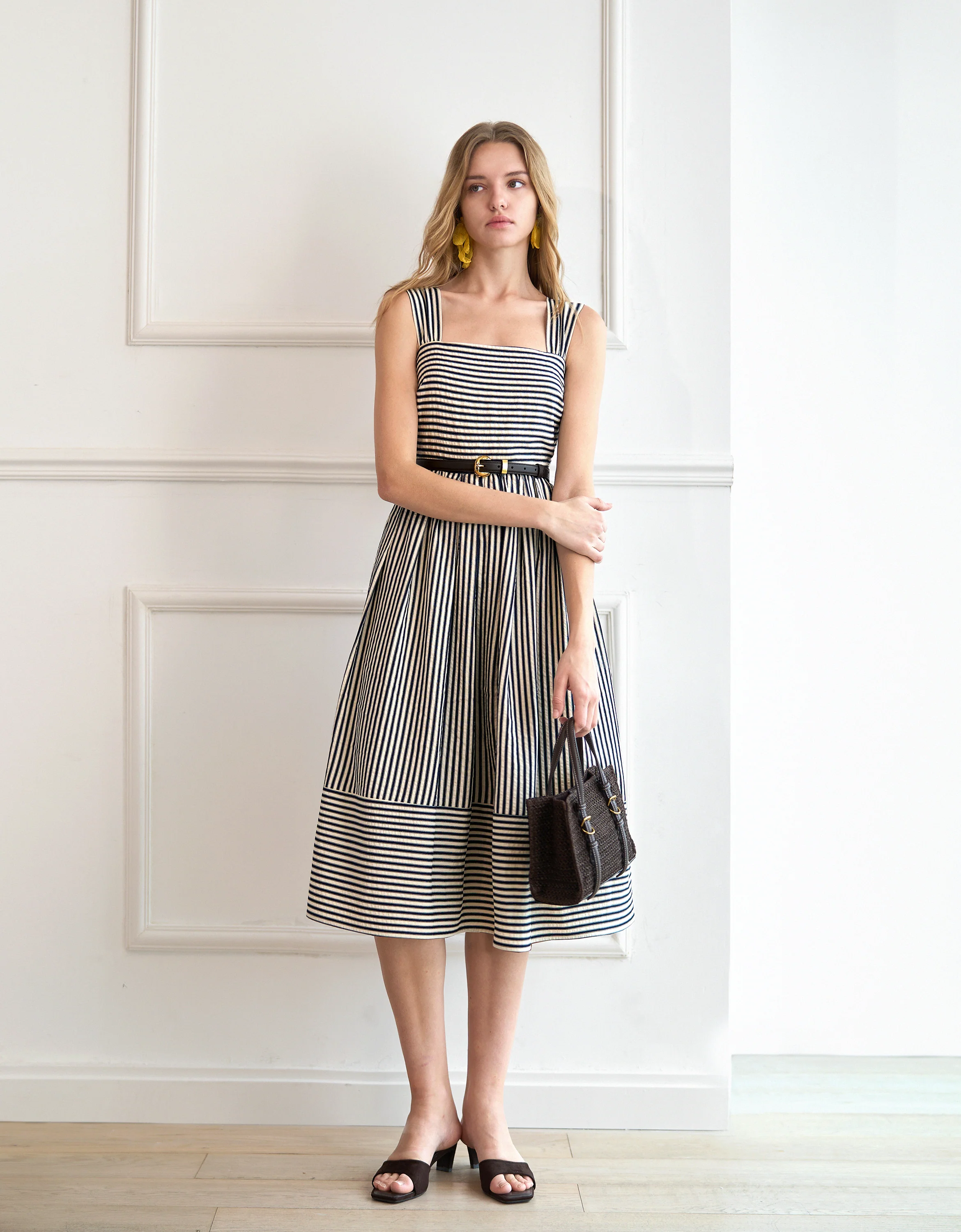 Square Neck Striped Textured Midi Dress - Image 12