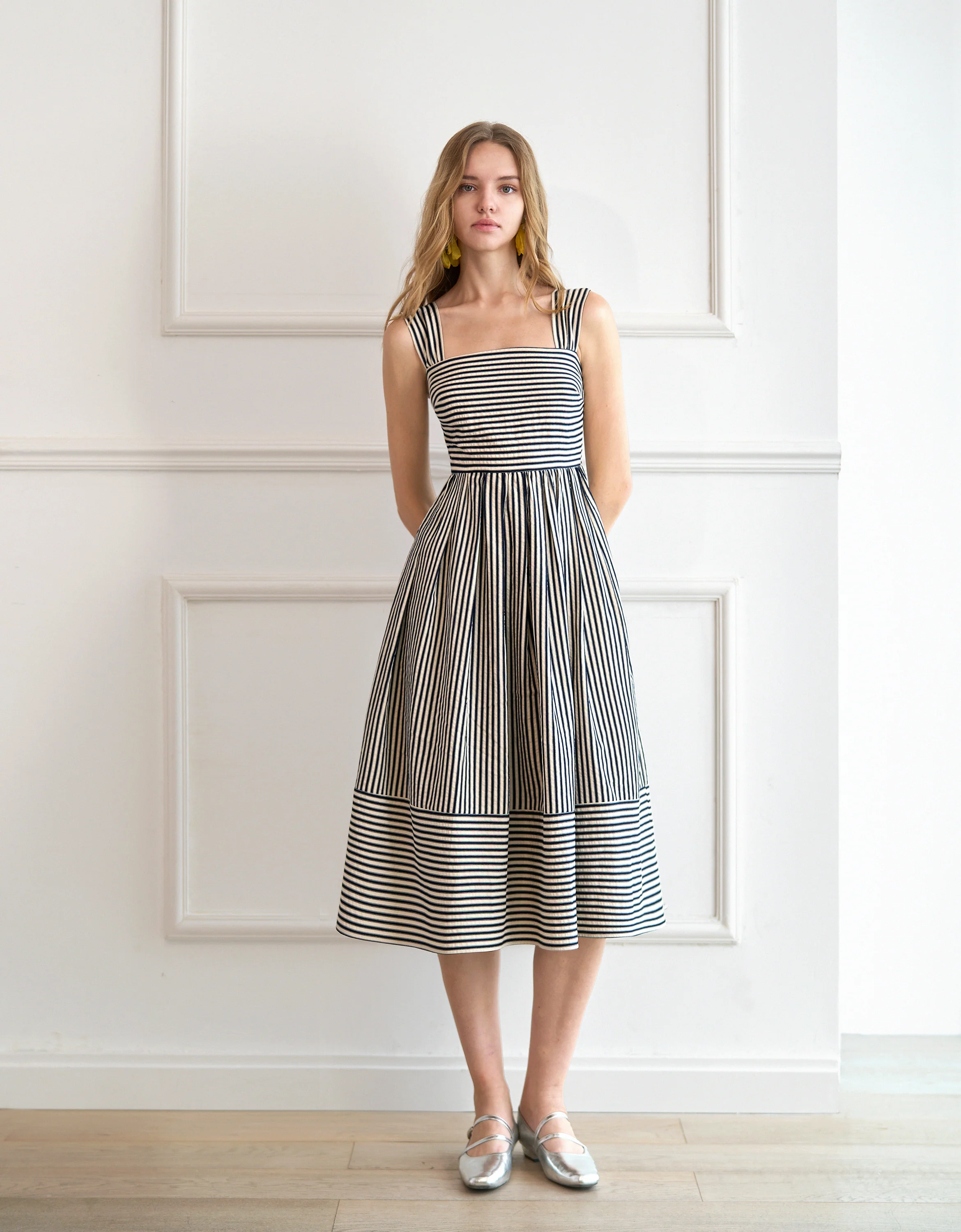Square Neck Striped Textured Midi Dress - Image 13