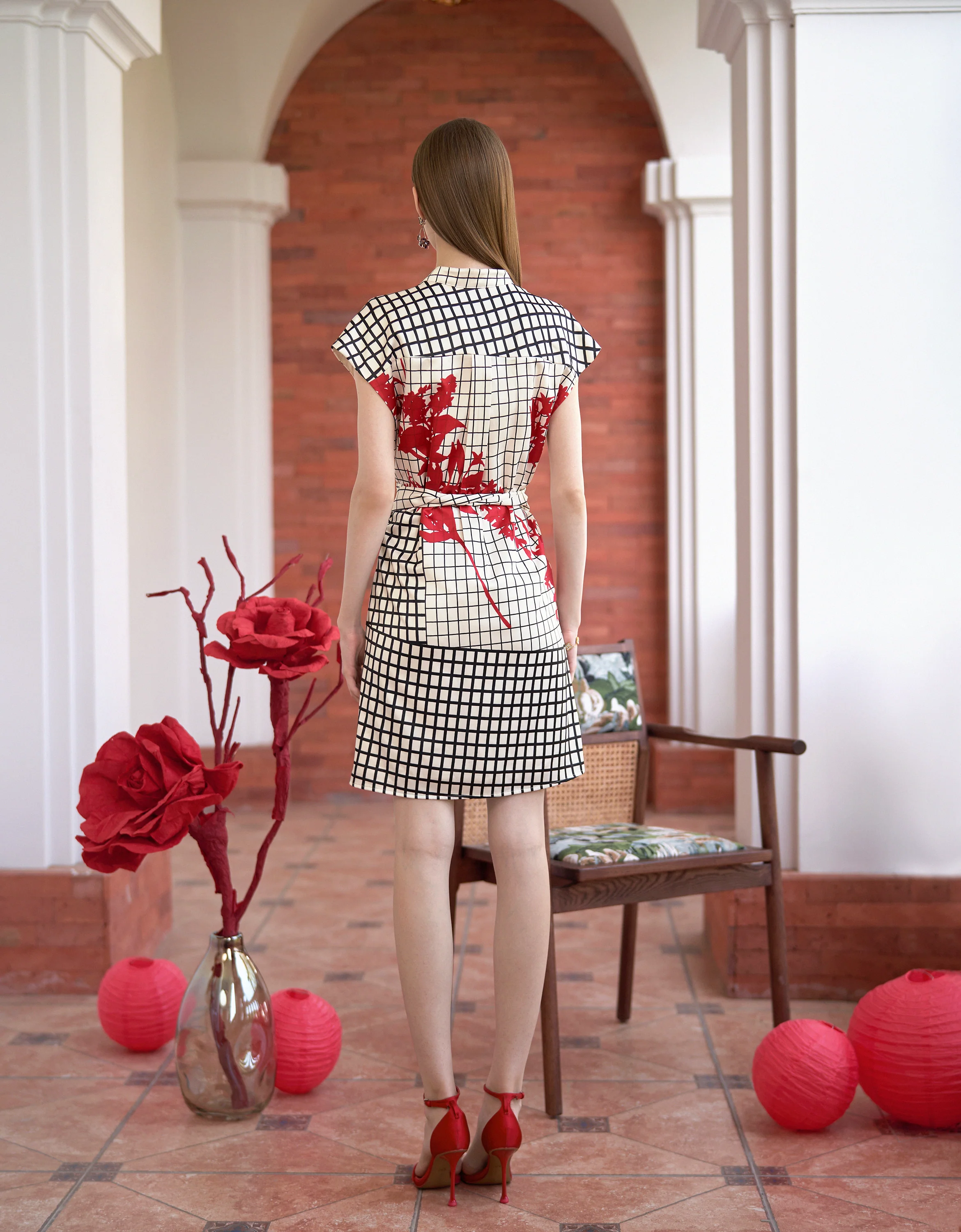 Stand Collar Floral Check Print Dress - Image 3