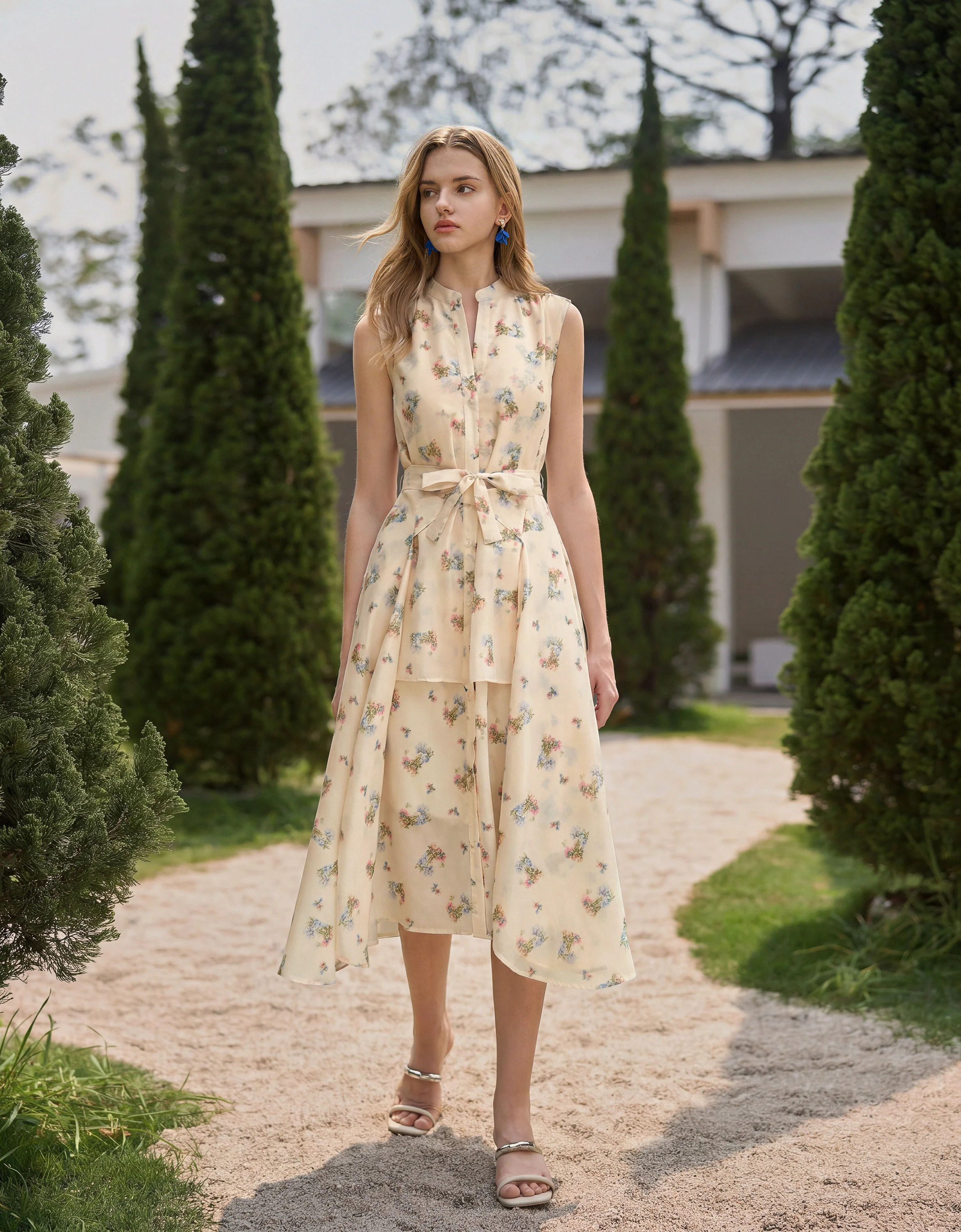 Stand Collar Floral Print Sleeveless Dress
