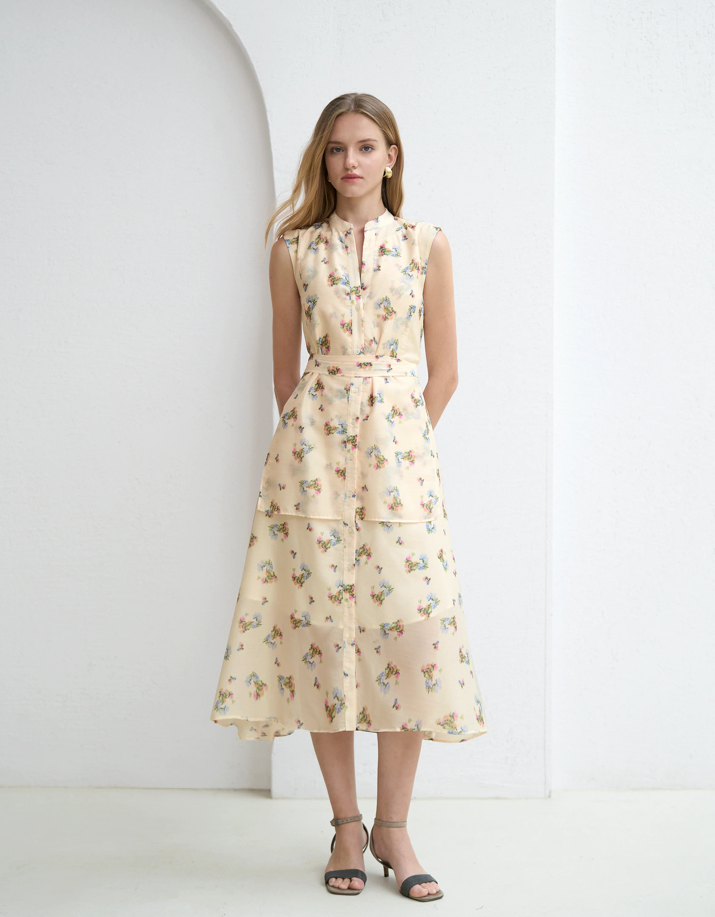 Stand Collar Floral Print Sleeveless Dress - Image 4