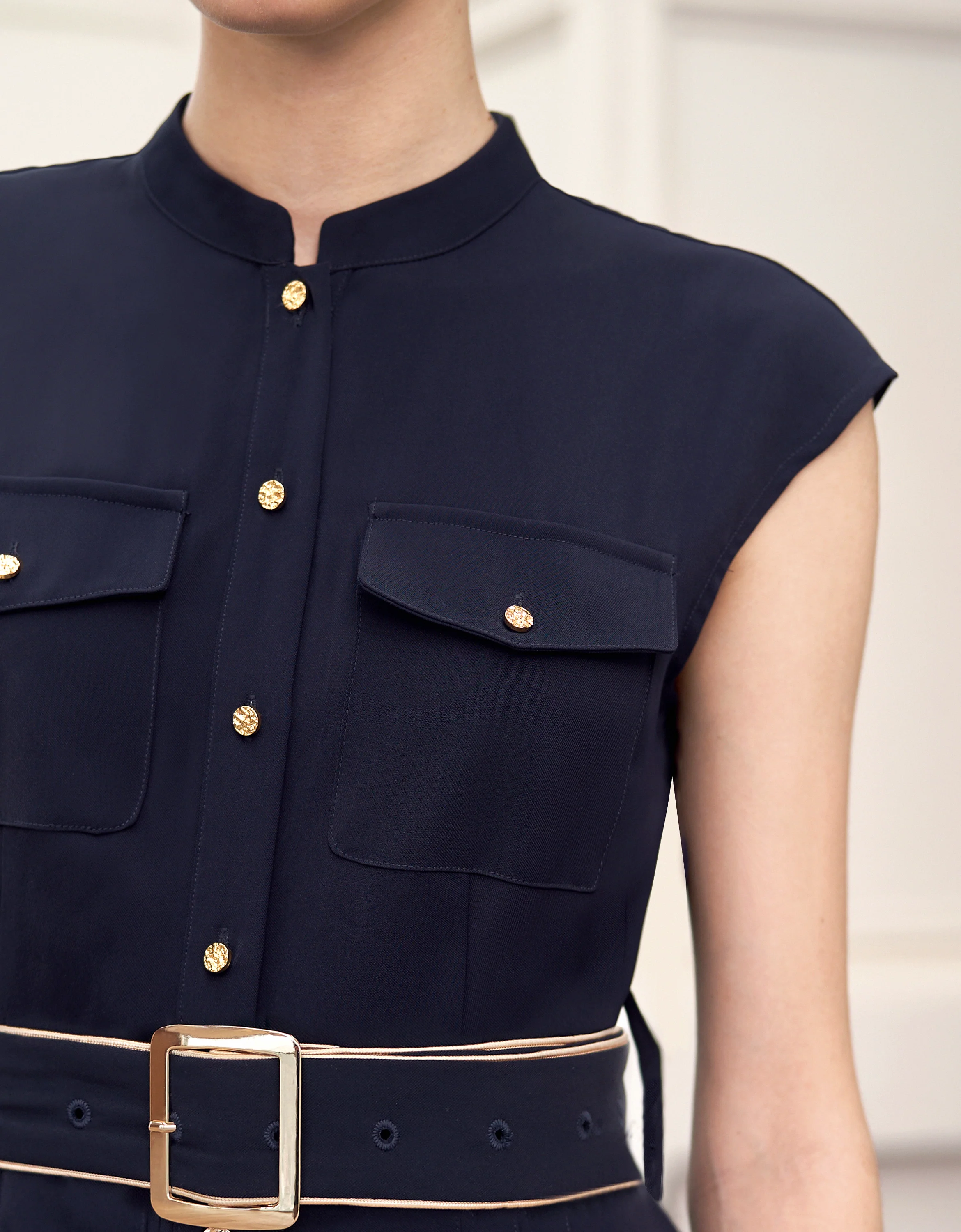 Stand Collar Pleated Shirt Dress - Image 11