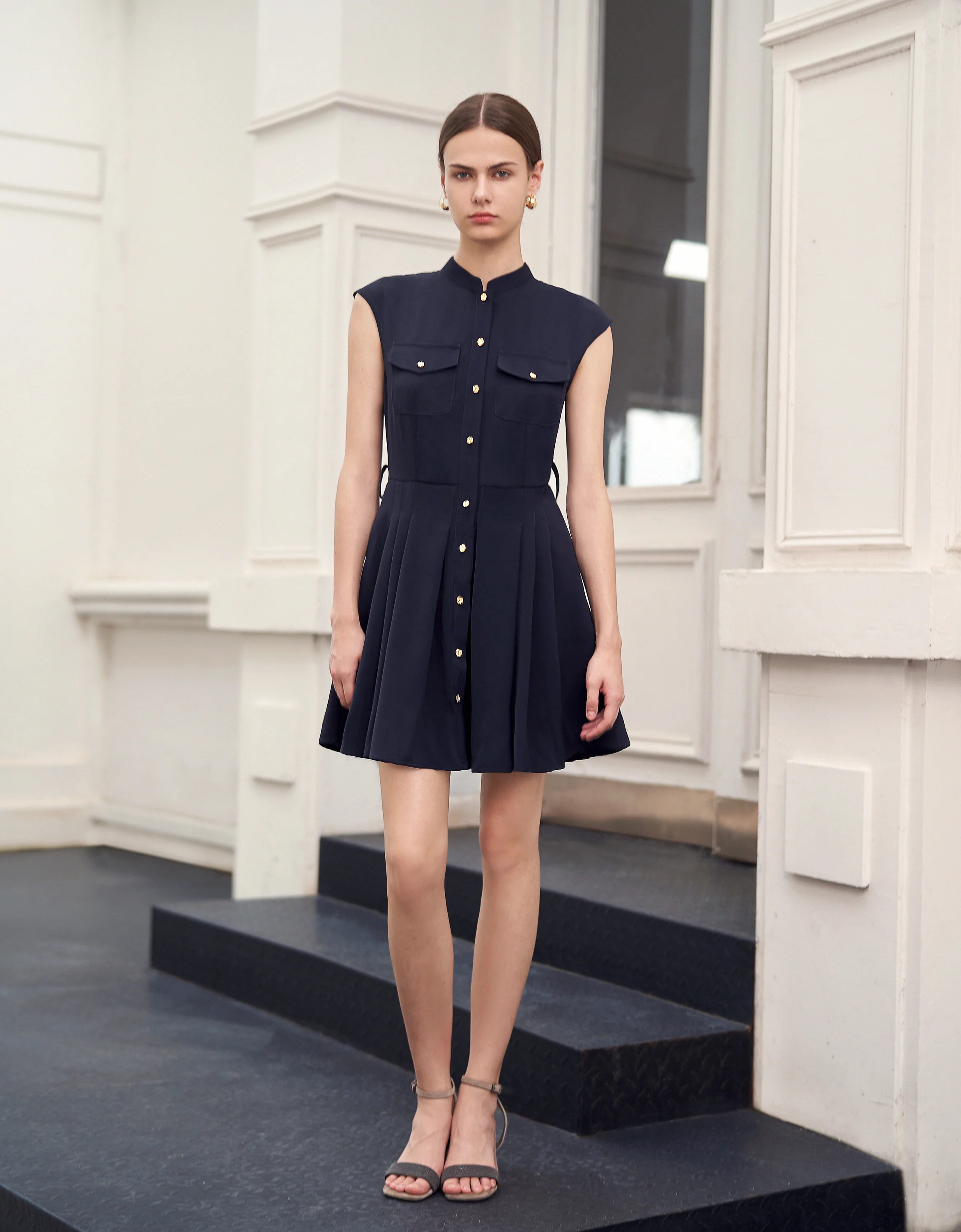 Stand Collar Pleated Shirt Dress - Image 12