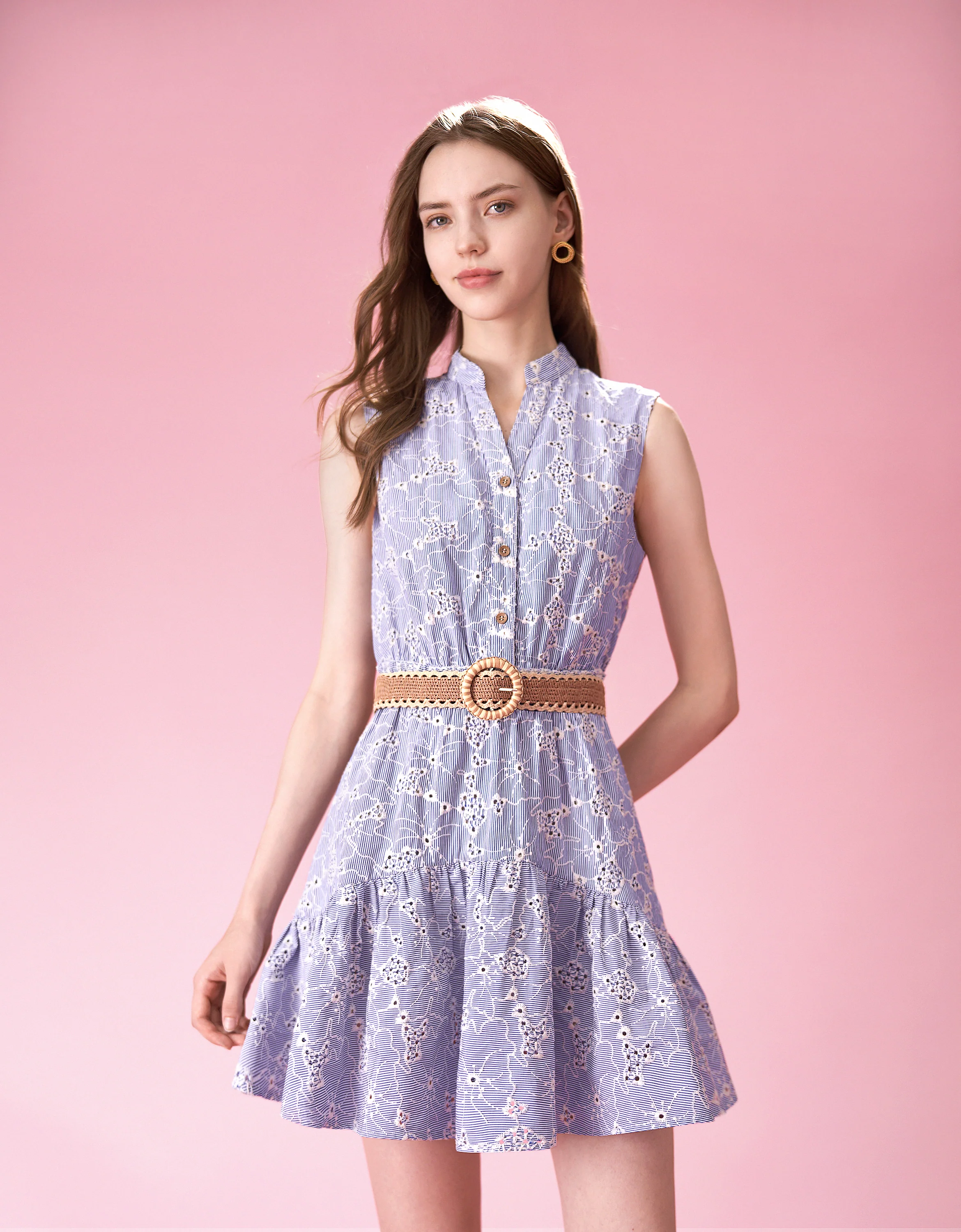 Stand Collar Sleeveless Embroidered Dress - Image 6