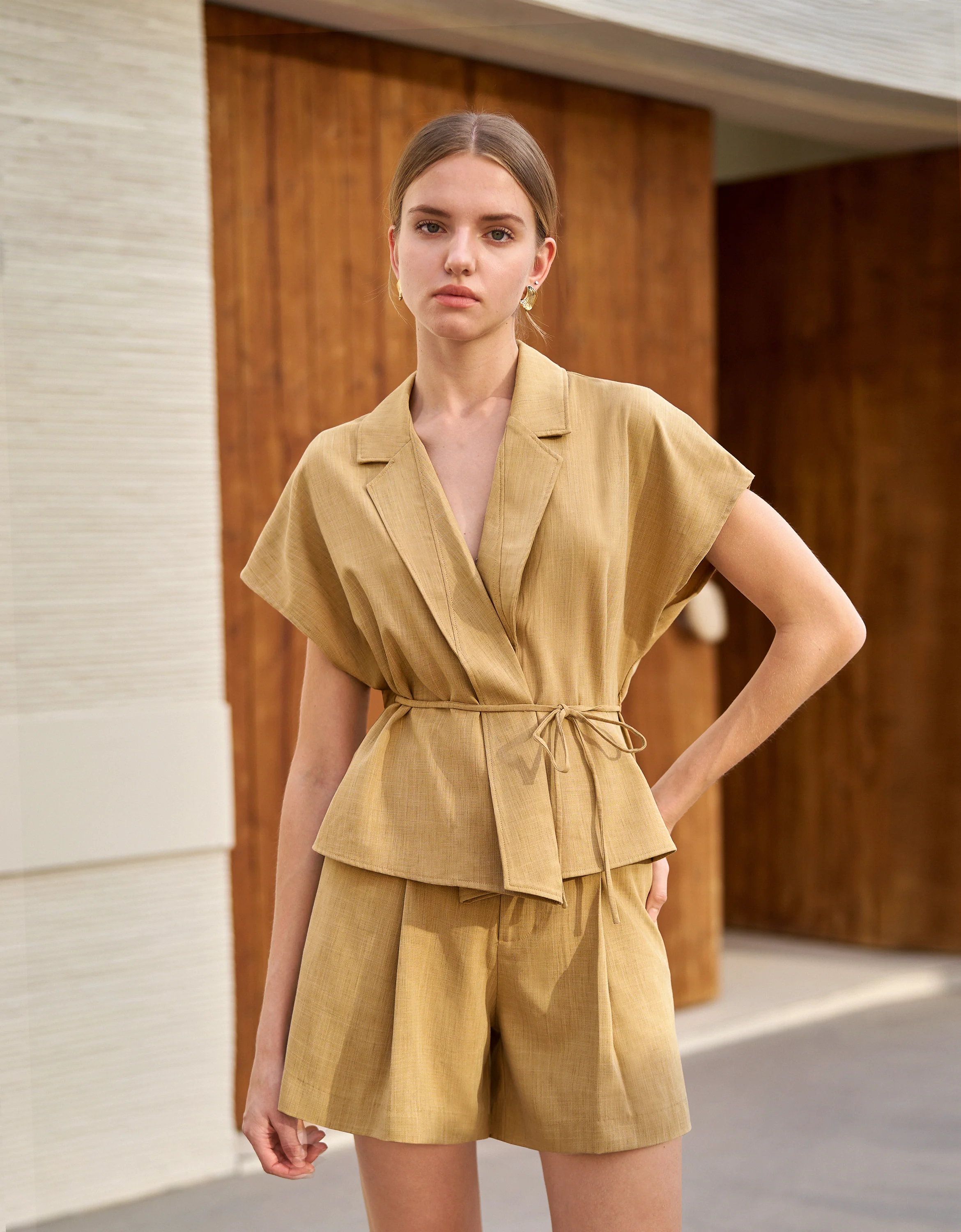 Suit Collar Tie Up Short Sleeve Top - Image 2