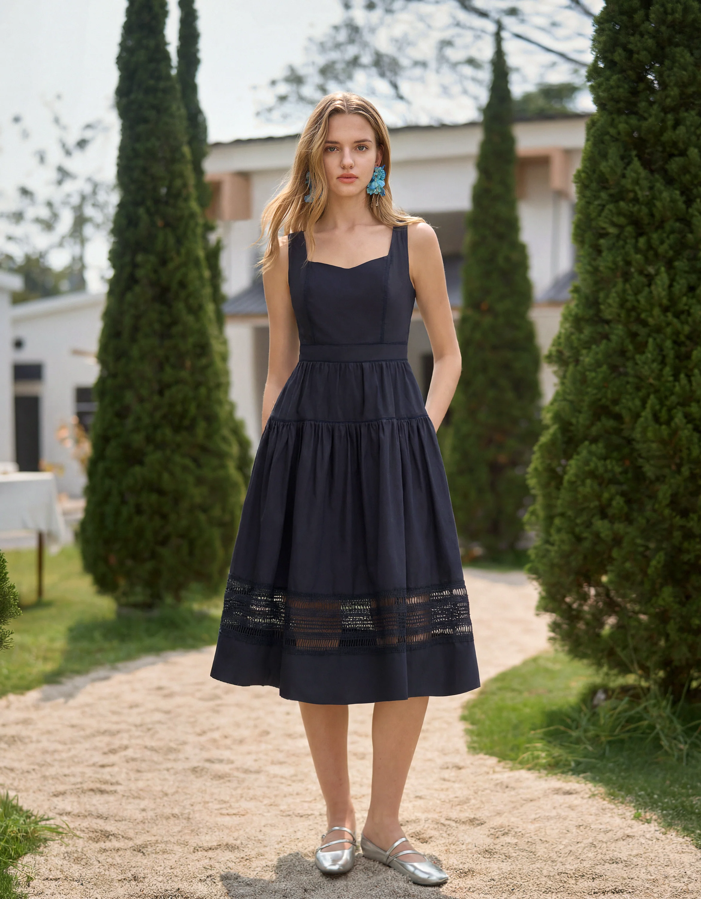 Sweetheart Neck Lace Trim Tiered Midi Dress