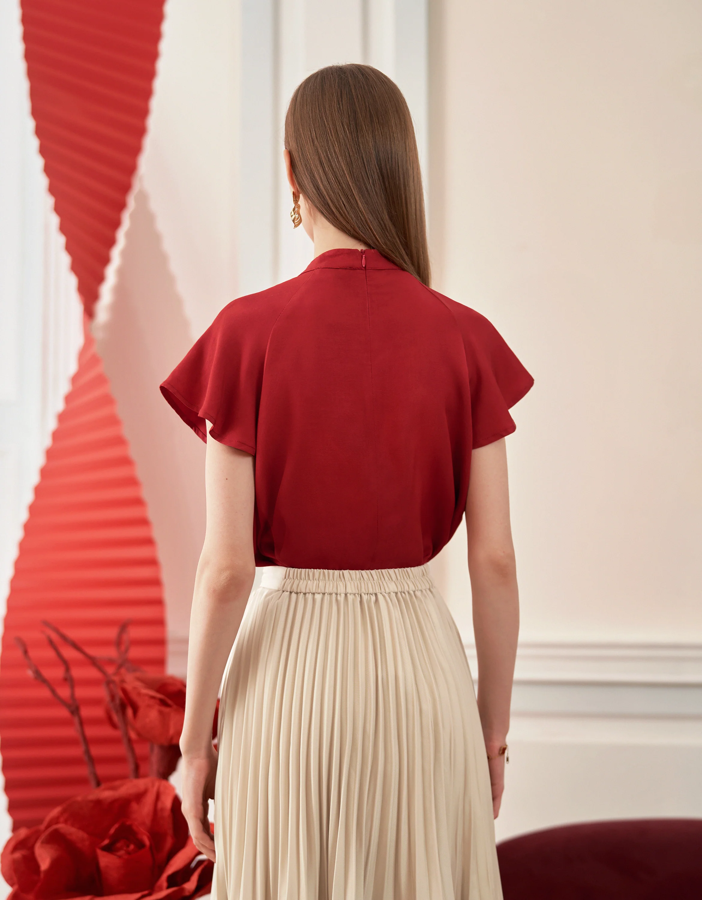 Tencel-linen Mandarin Collar Short Sleeve Top - Image 3