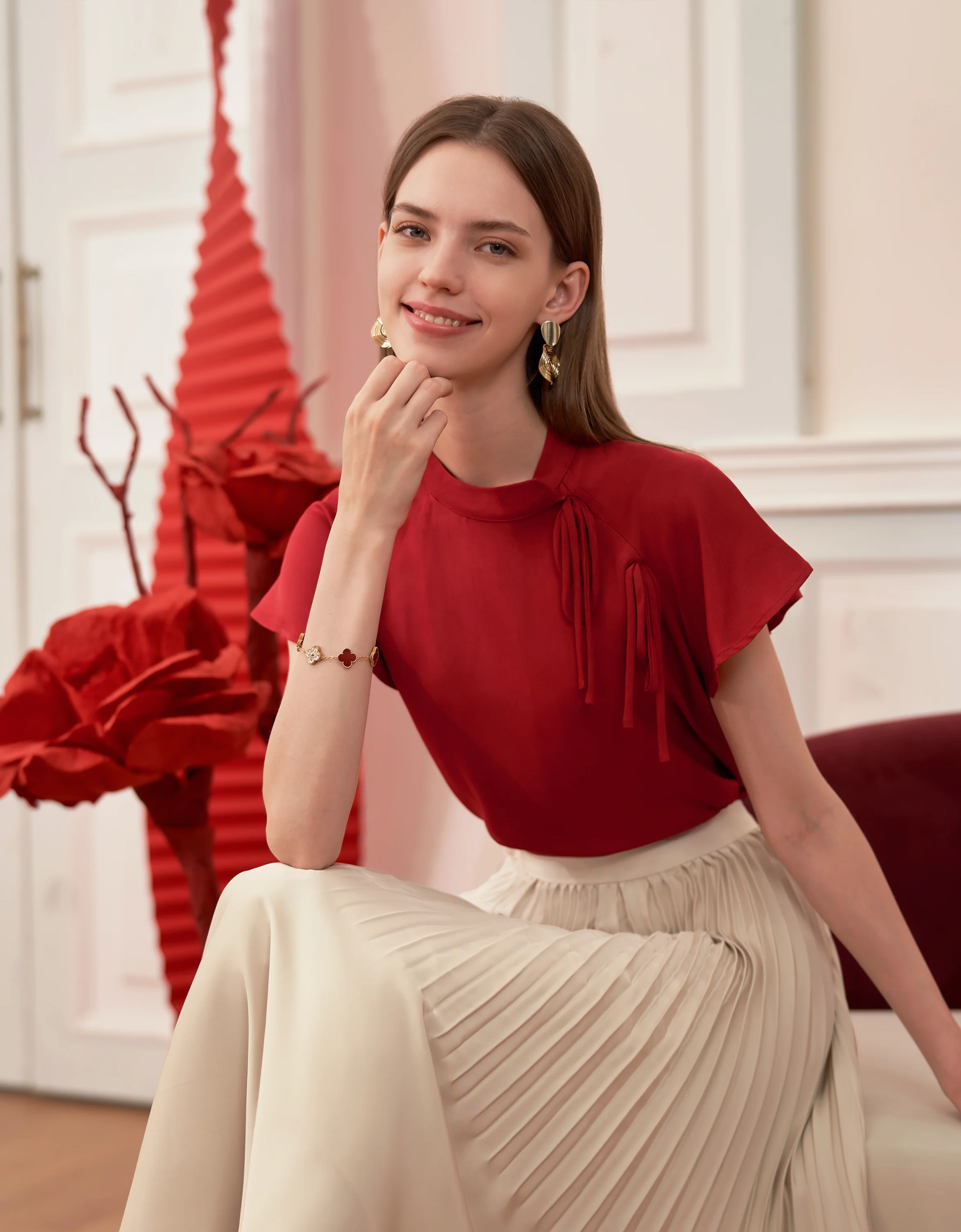 Tencel-linen Mandarin Collar Short Sleeve Top - Image 4