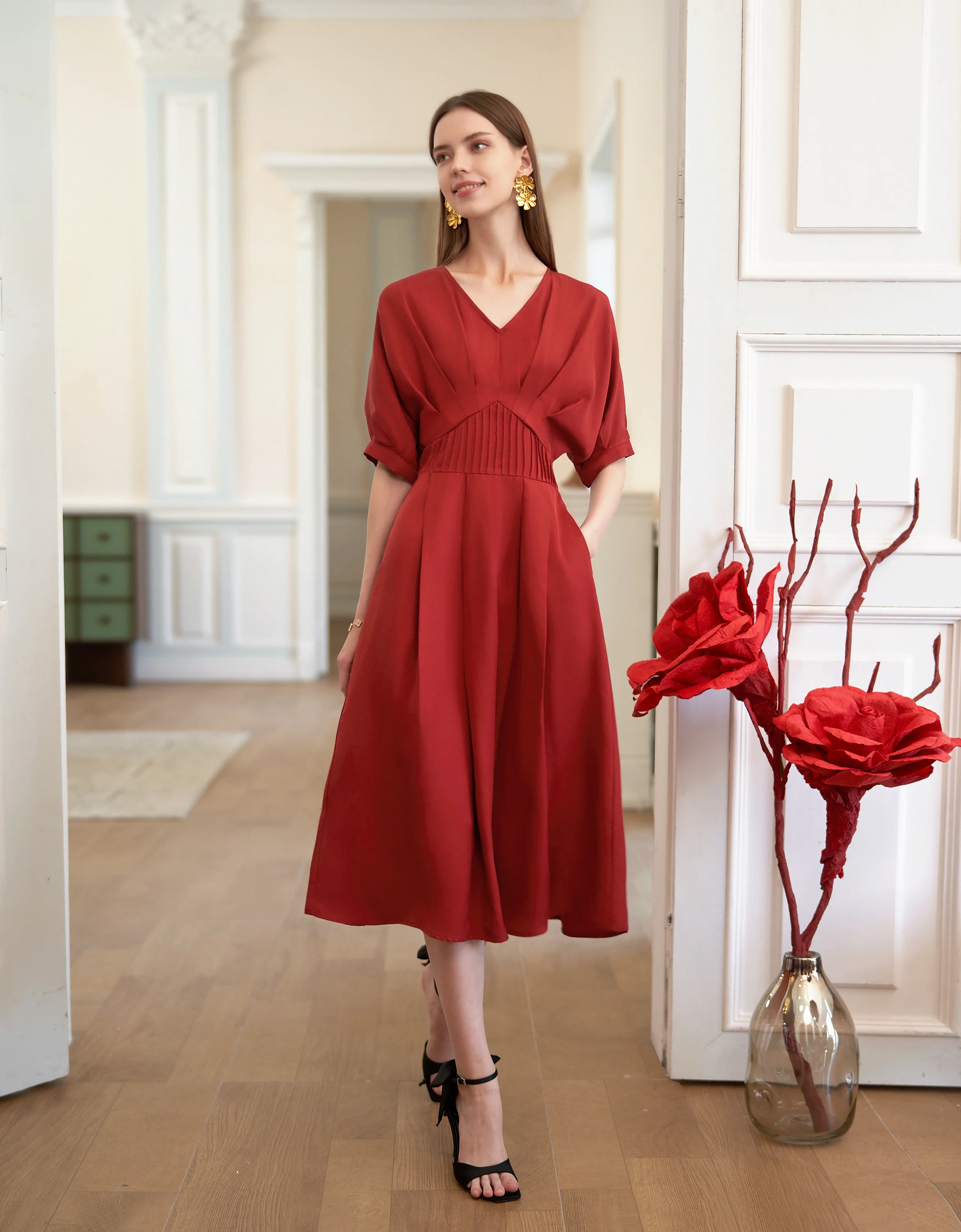 Tencel-linen Pleated Waist V-neck Dress