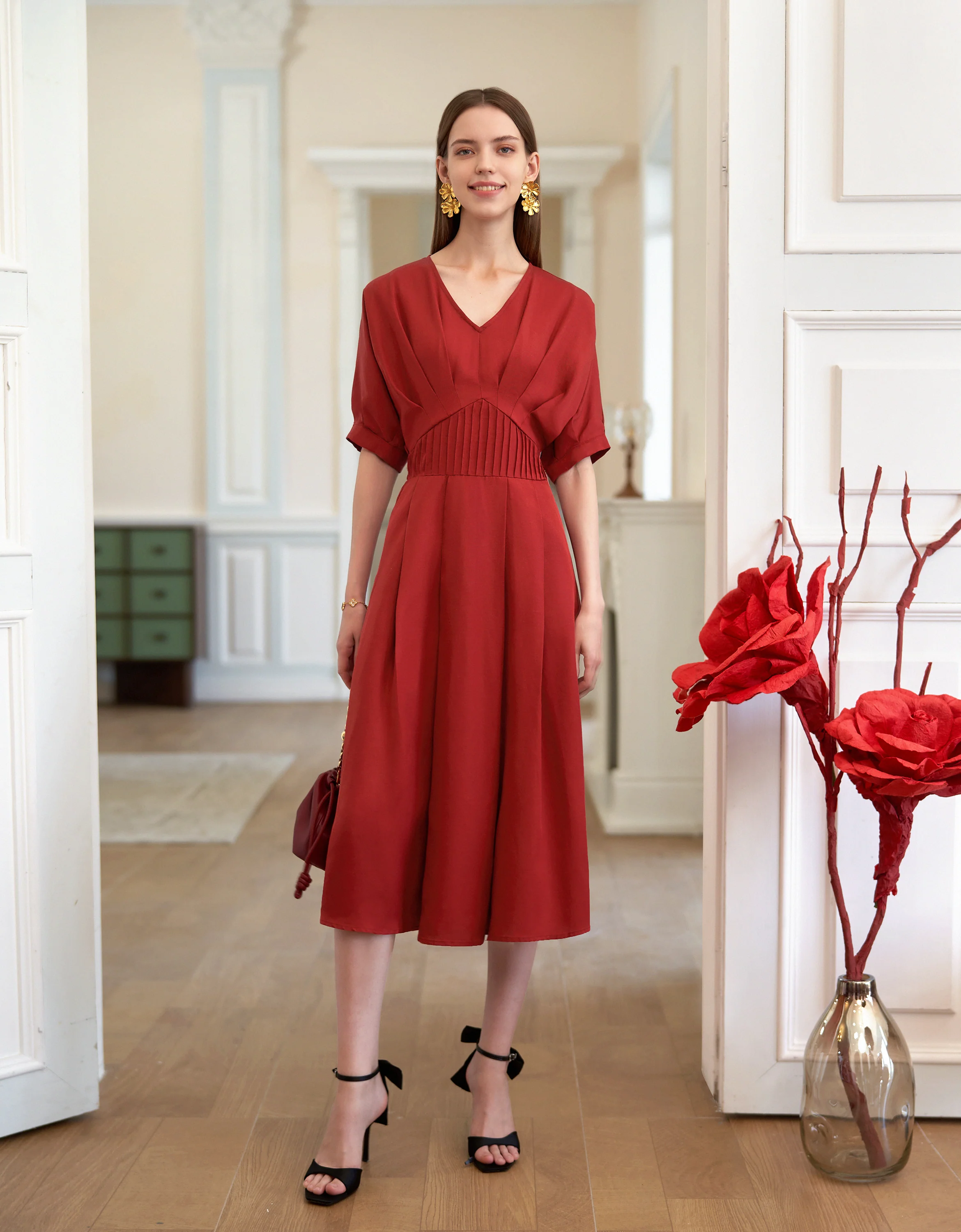 Tencel-linen Pleated Waist V-neck Dress - Image 2