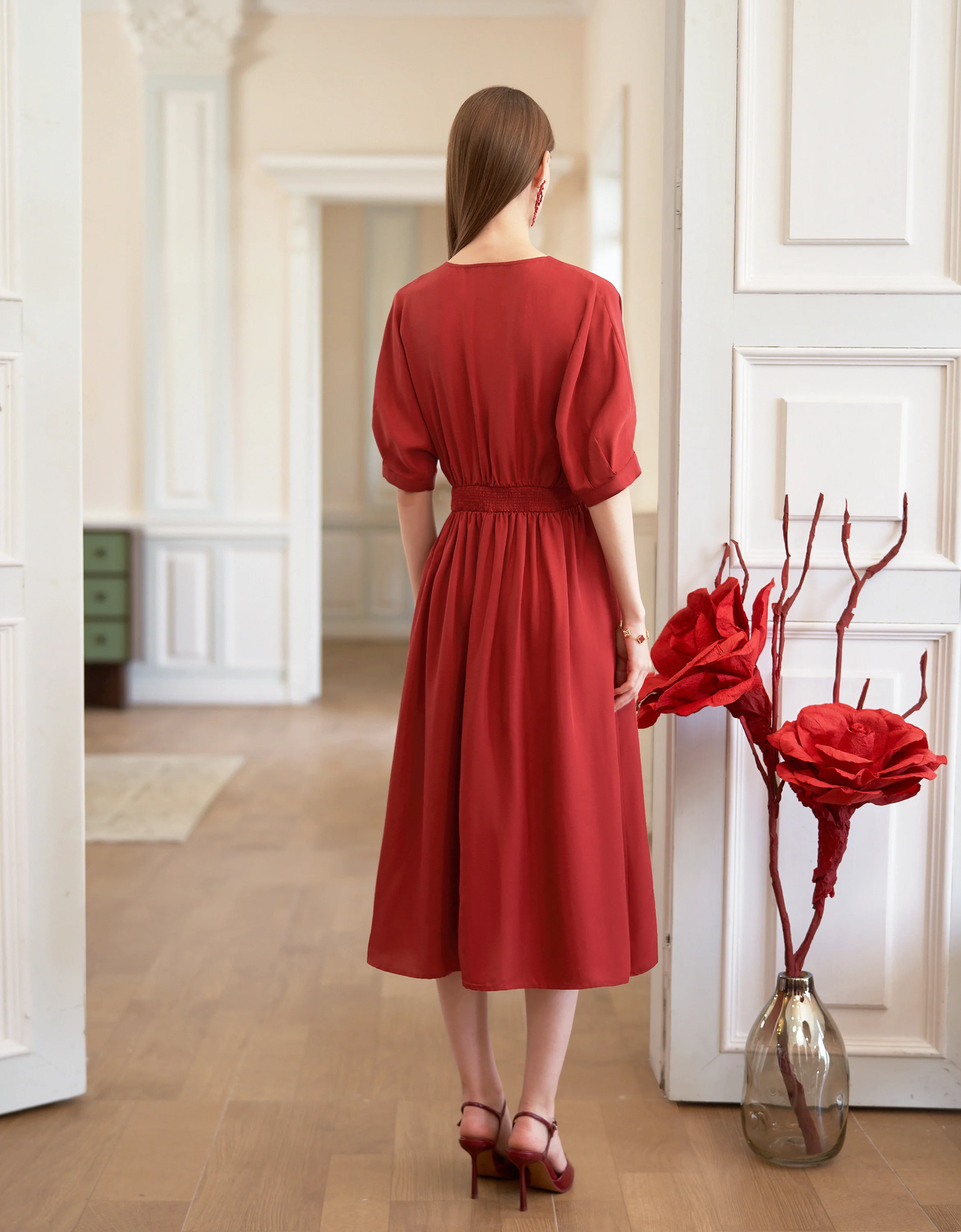 Tencel-linen Pleated Waist V-neck Dress - Image 3