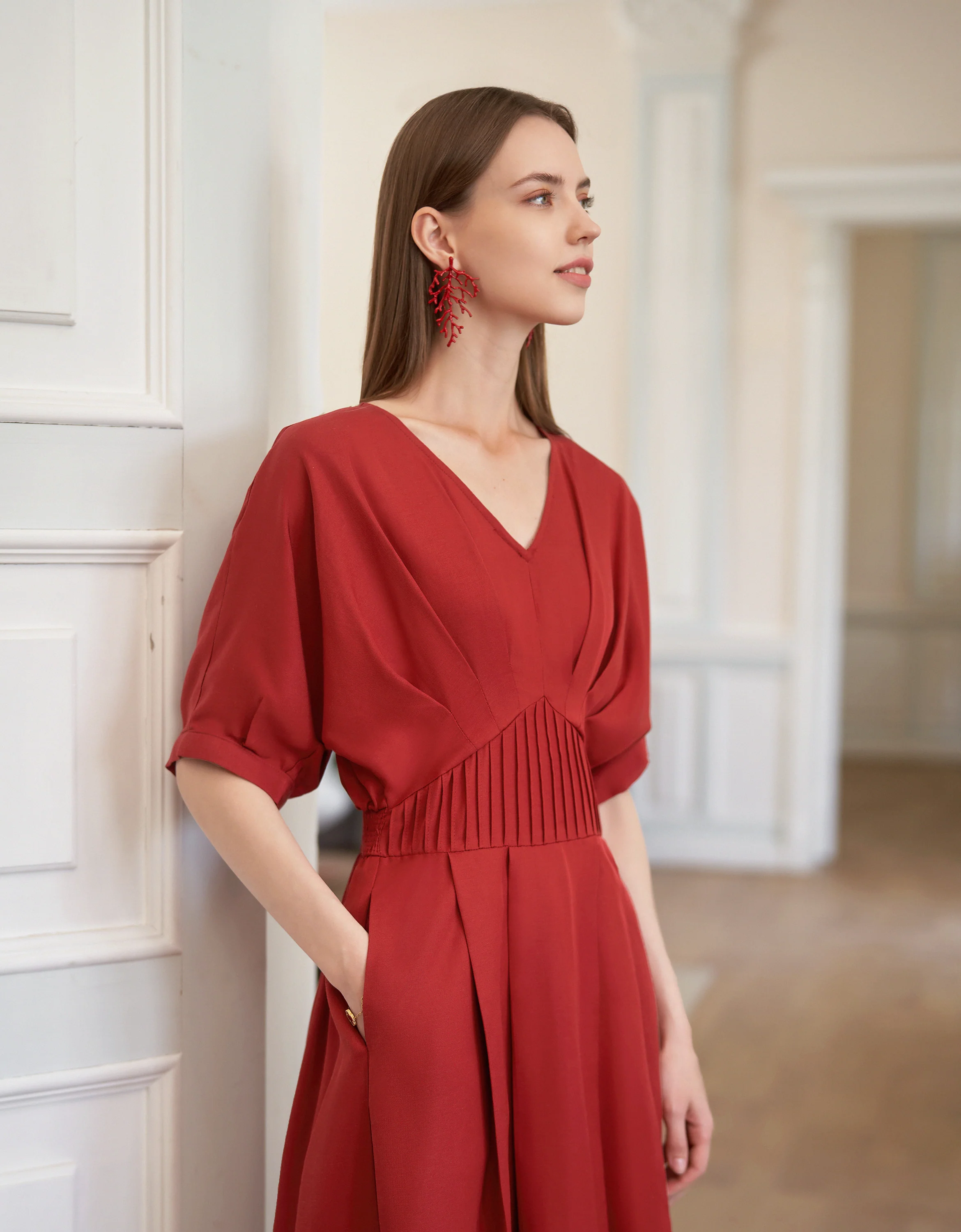 Tencel-linen Pleated Waist V-neck Dress - Image 4