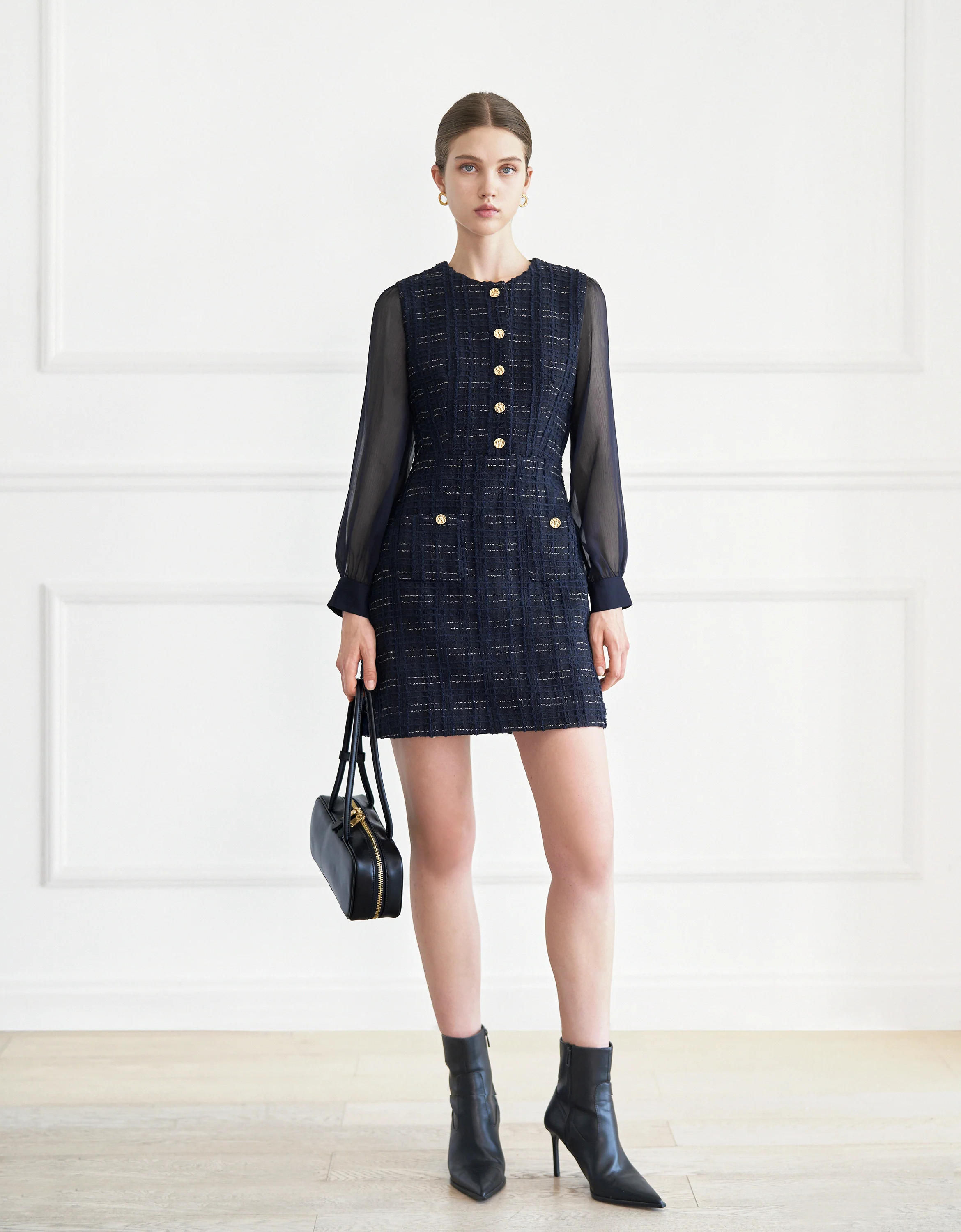 Tulle Long Sleeve Tweed Dress - Image 14