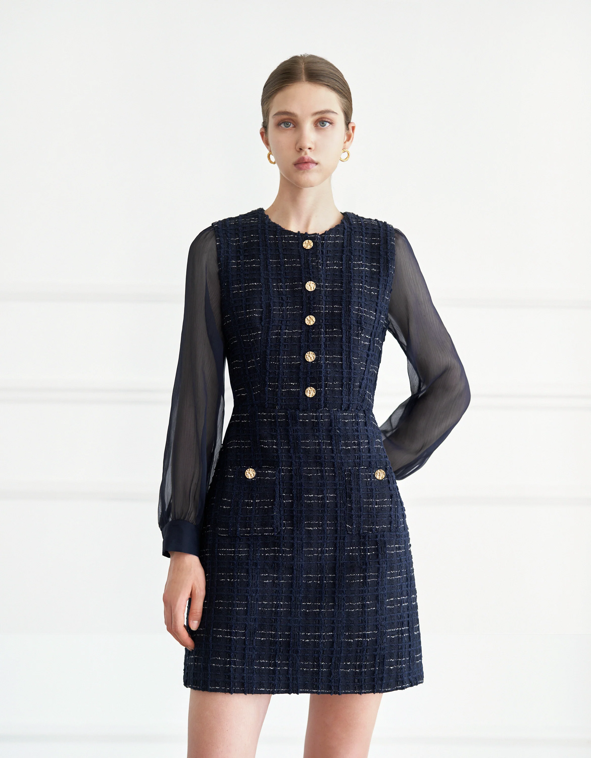 Tulle Long Sleeve Tweed Dress - Image 15
