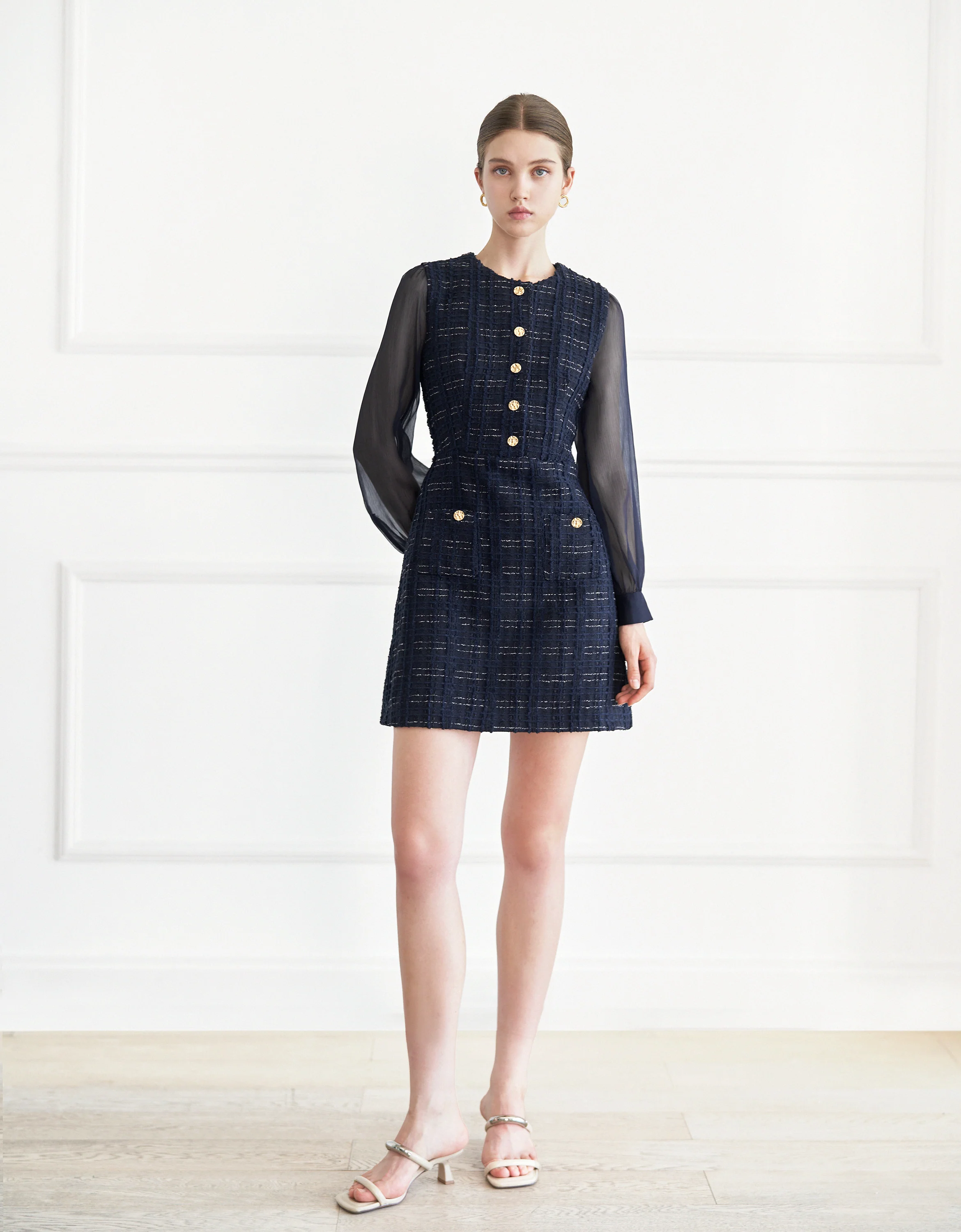 Tulle Long Sleeve Tweed Dress - Image 17