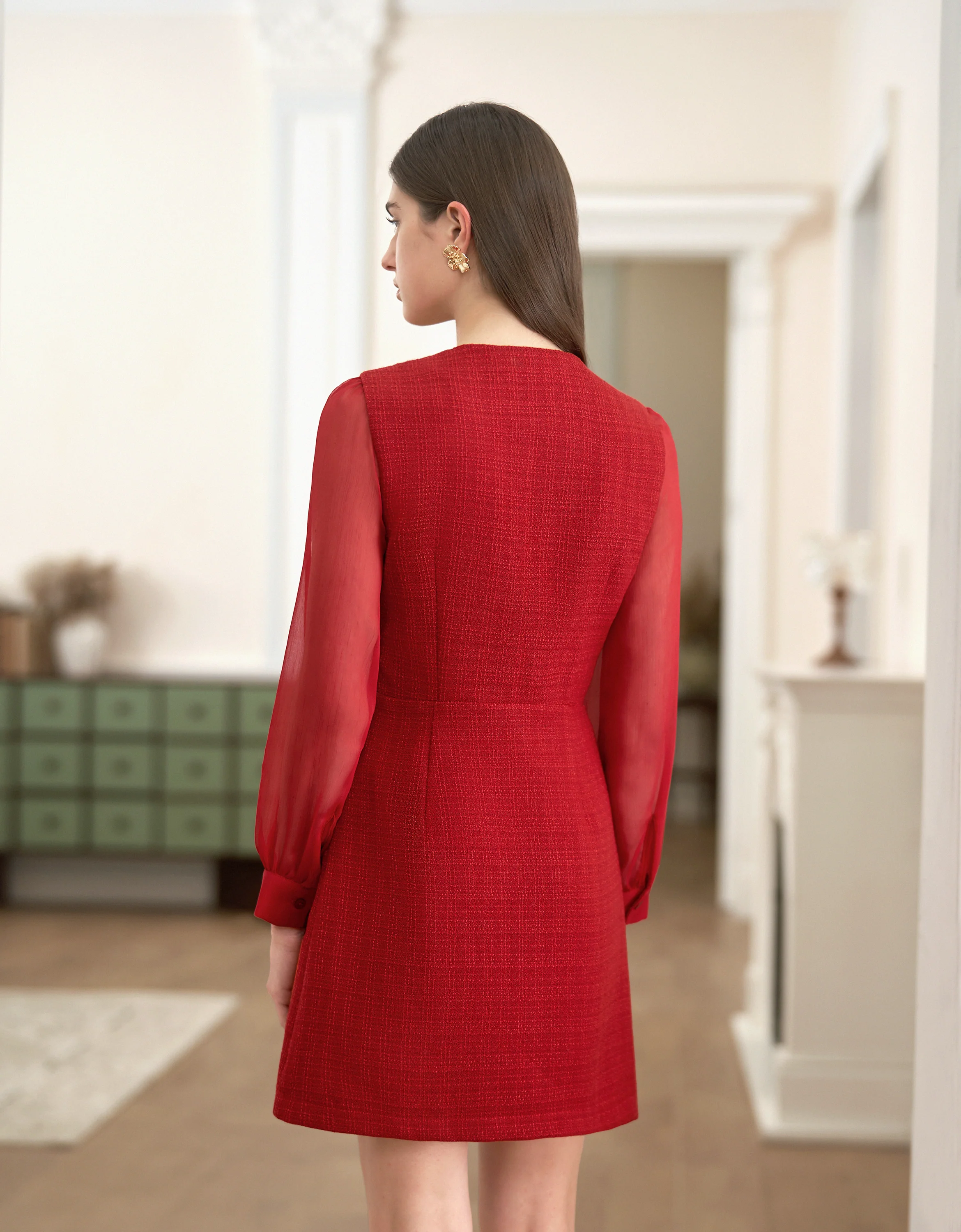 Tulle Long Sleeve Tweed Dress - Image 3
