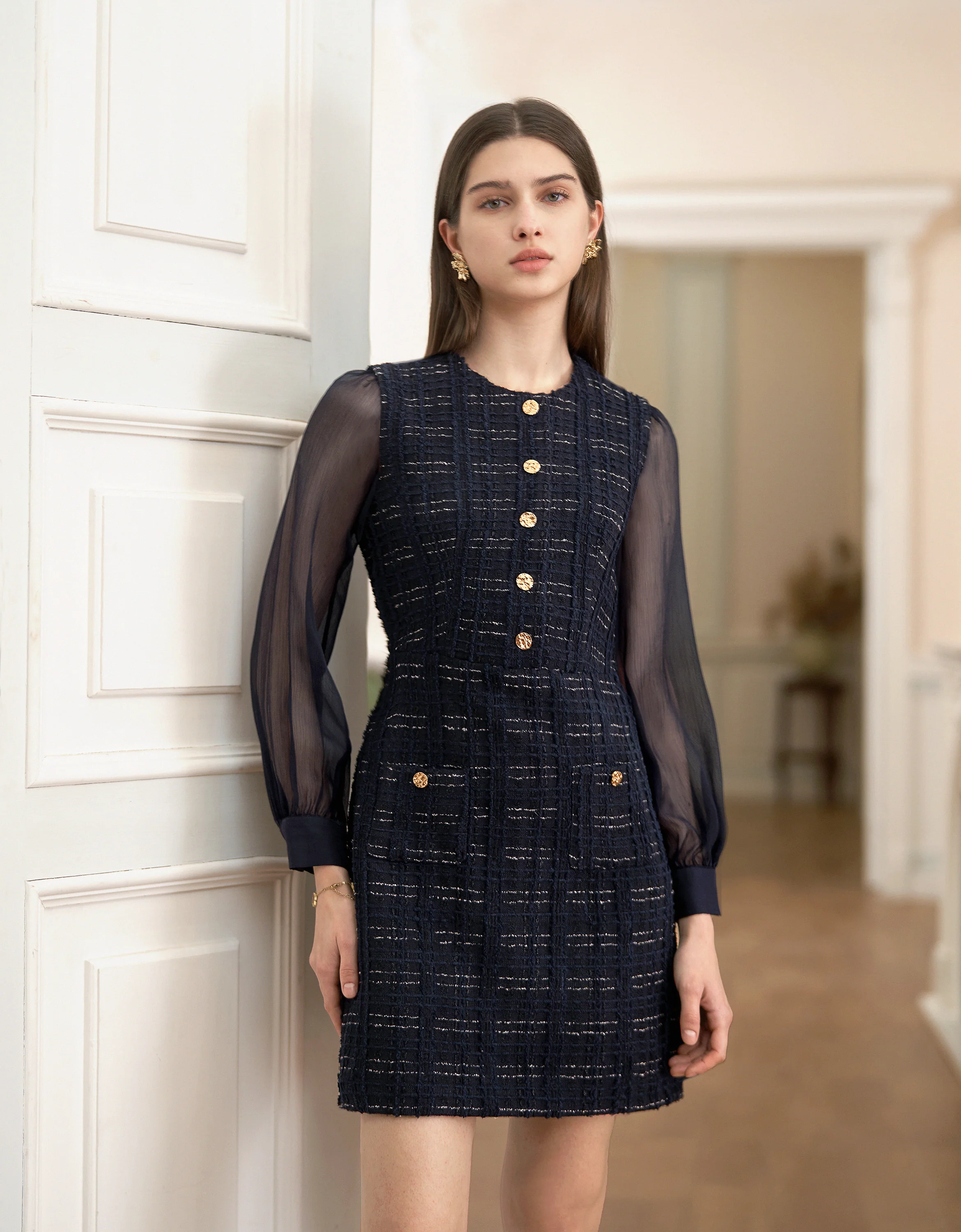 Tulle Long Sleeve Tweed Dress - Image 9