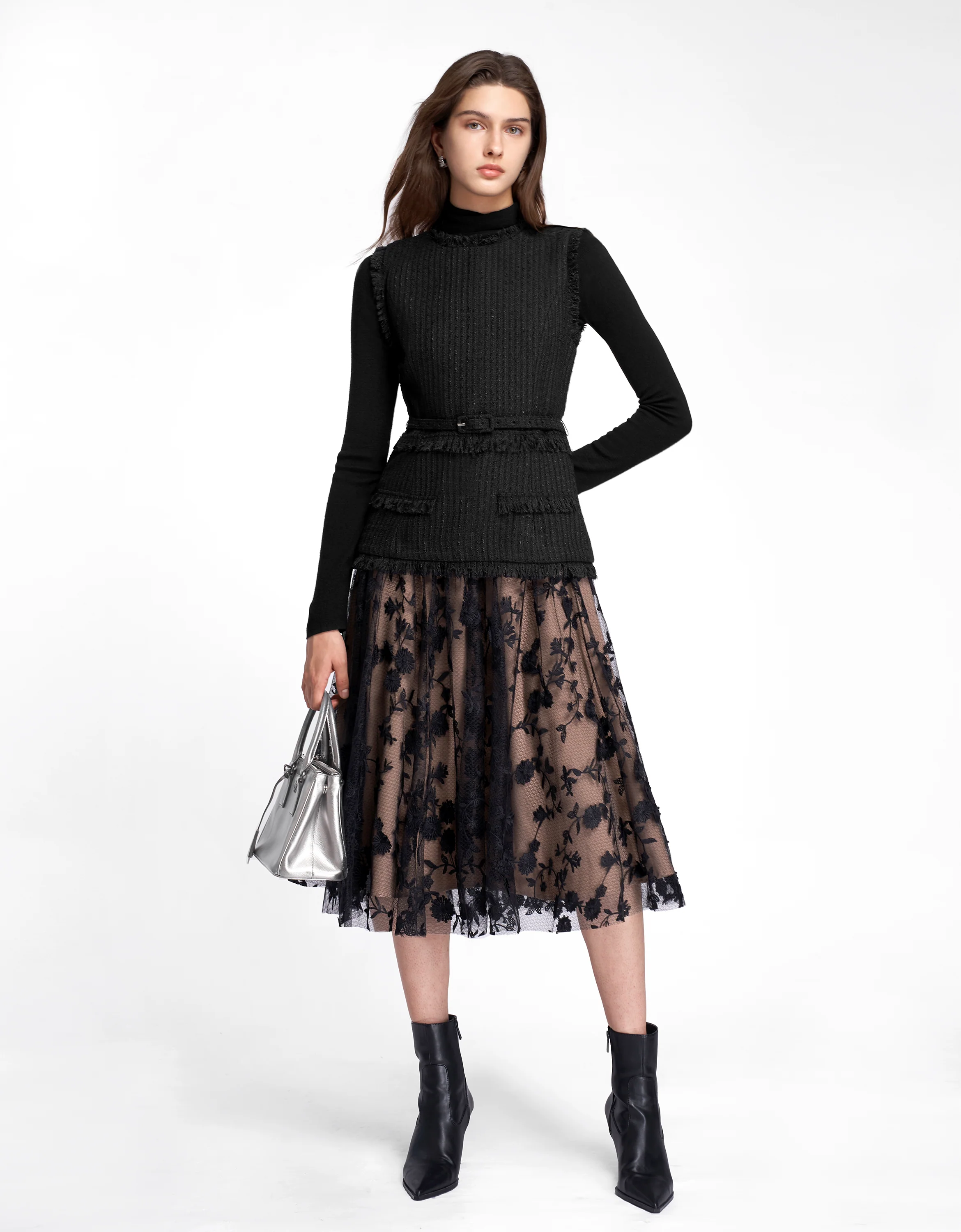 Tweed Bodice Semi Sheer Pleated Bottom Dress - Image 15