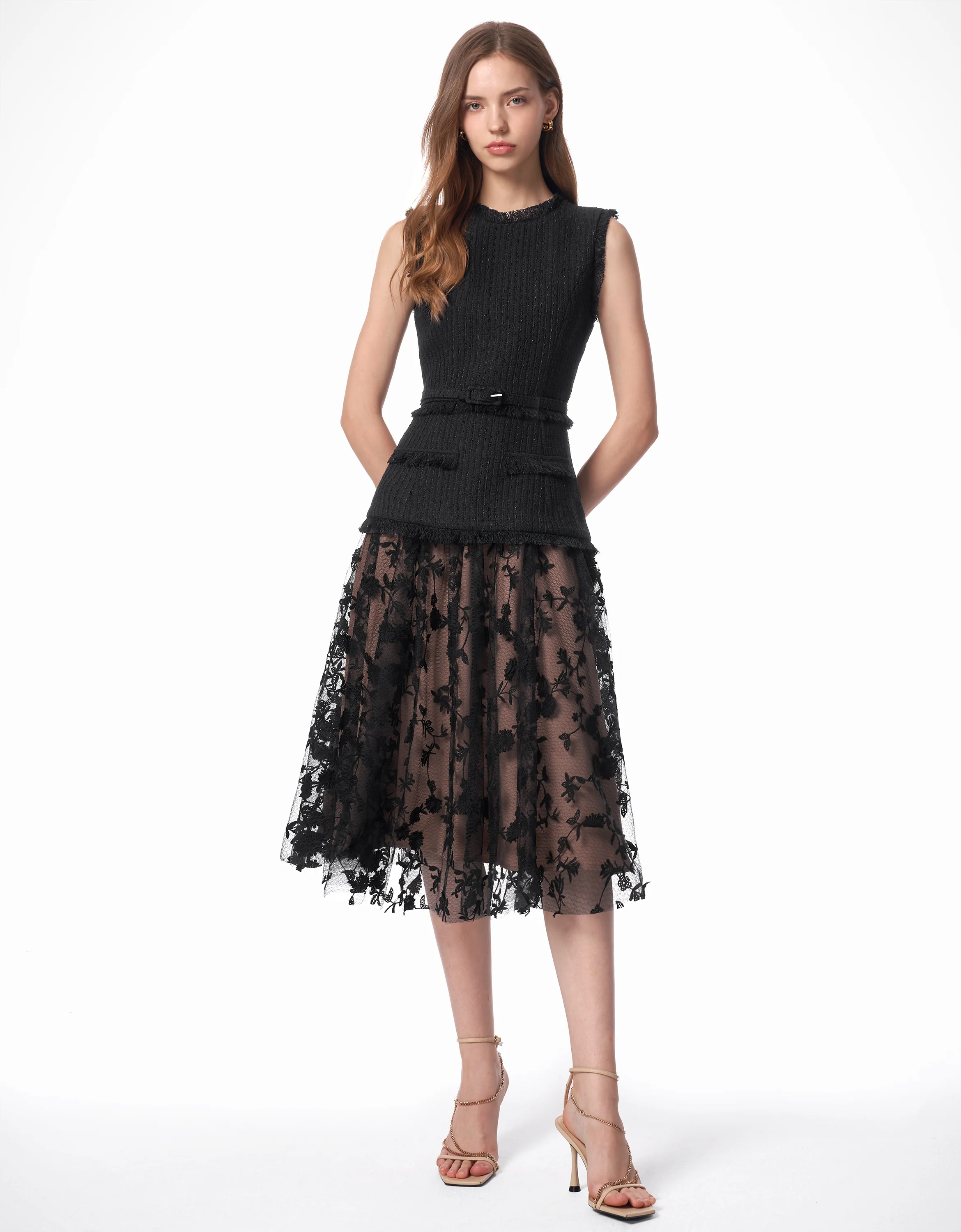 Tweed Bodice Semi Sheer Pleated Bottom Dress - Image 16