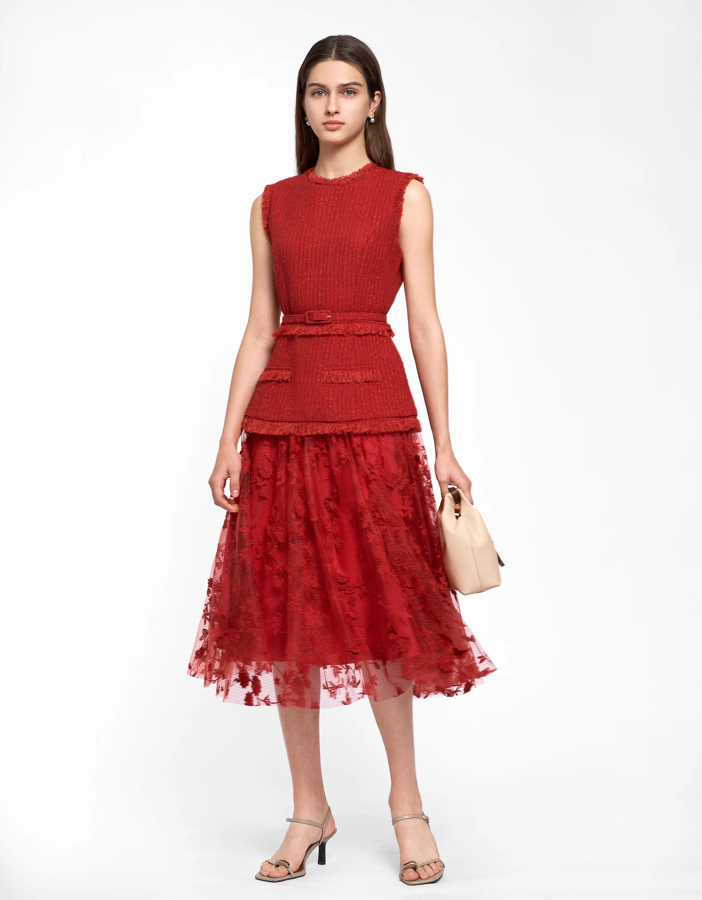Tweed Bodice Semi Sheer Pleated Bottom Dress - Image 29