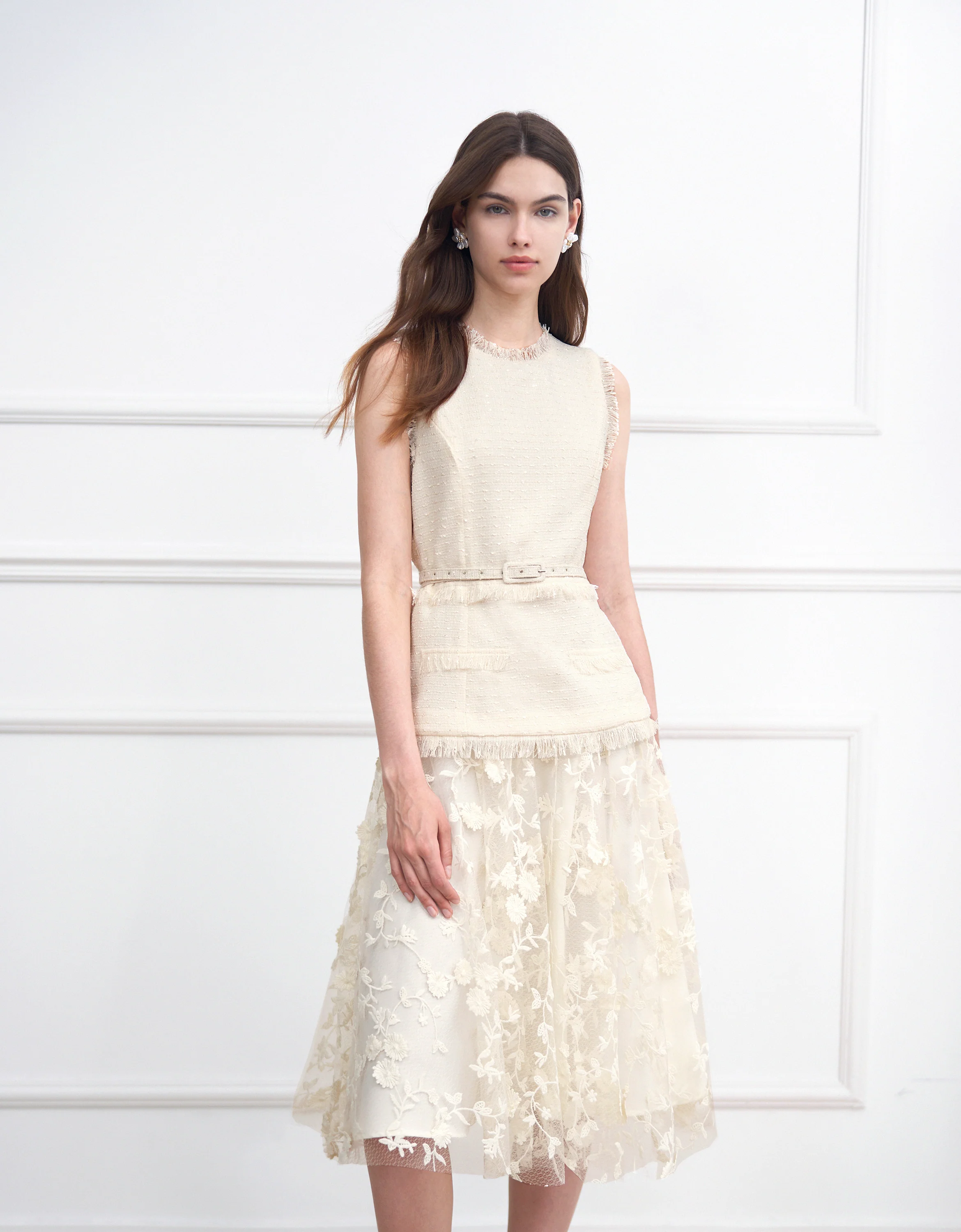 Tweed Bodice Semi Sheer Pleated Bottom Dress - Image 3