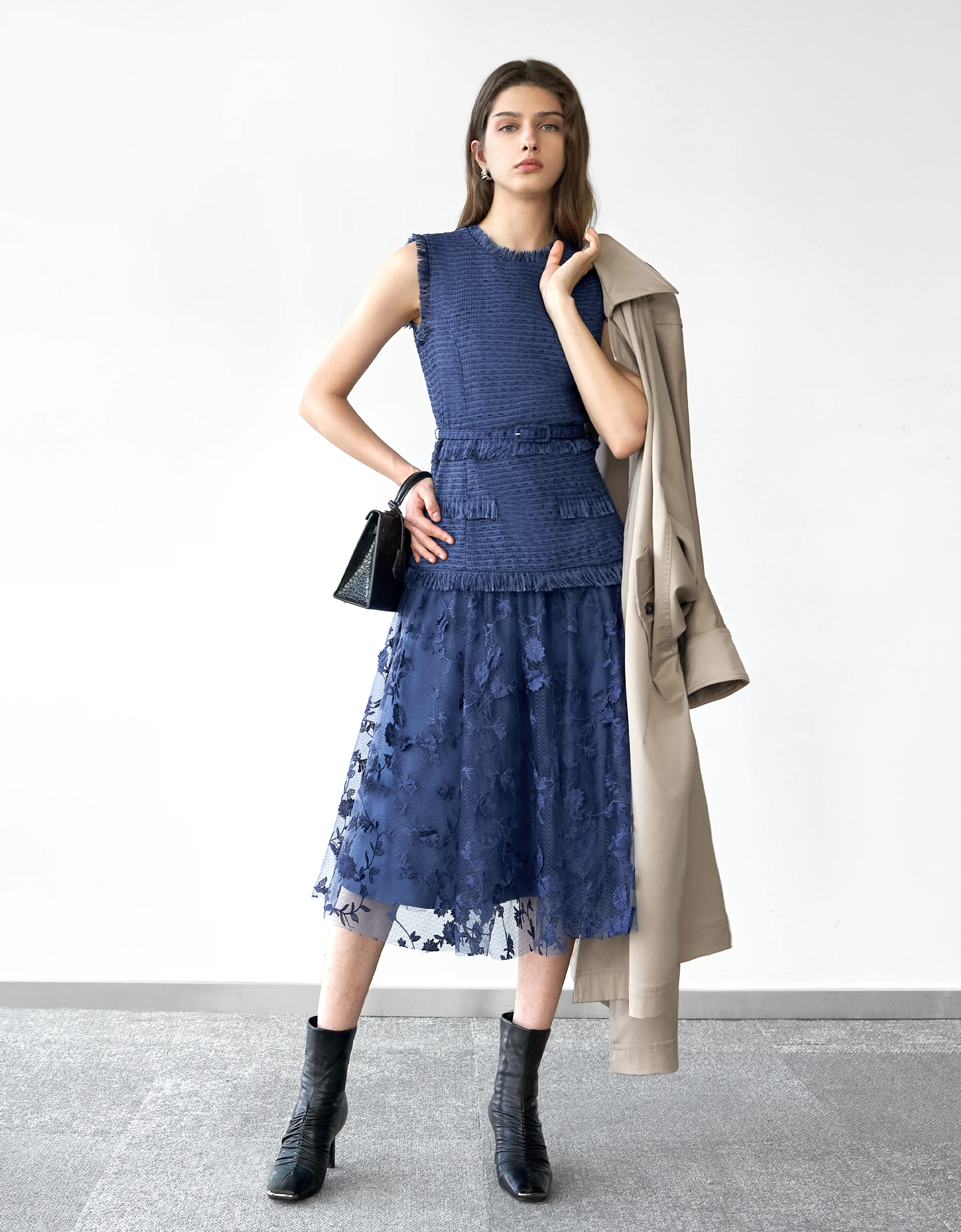 Tweed Bodice Semi Sheer Pleated Bottom Dress - Image 36